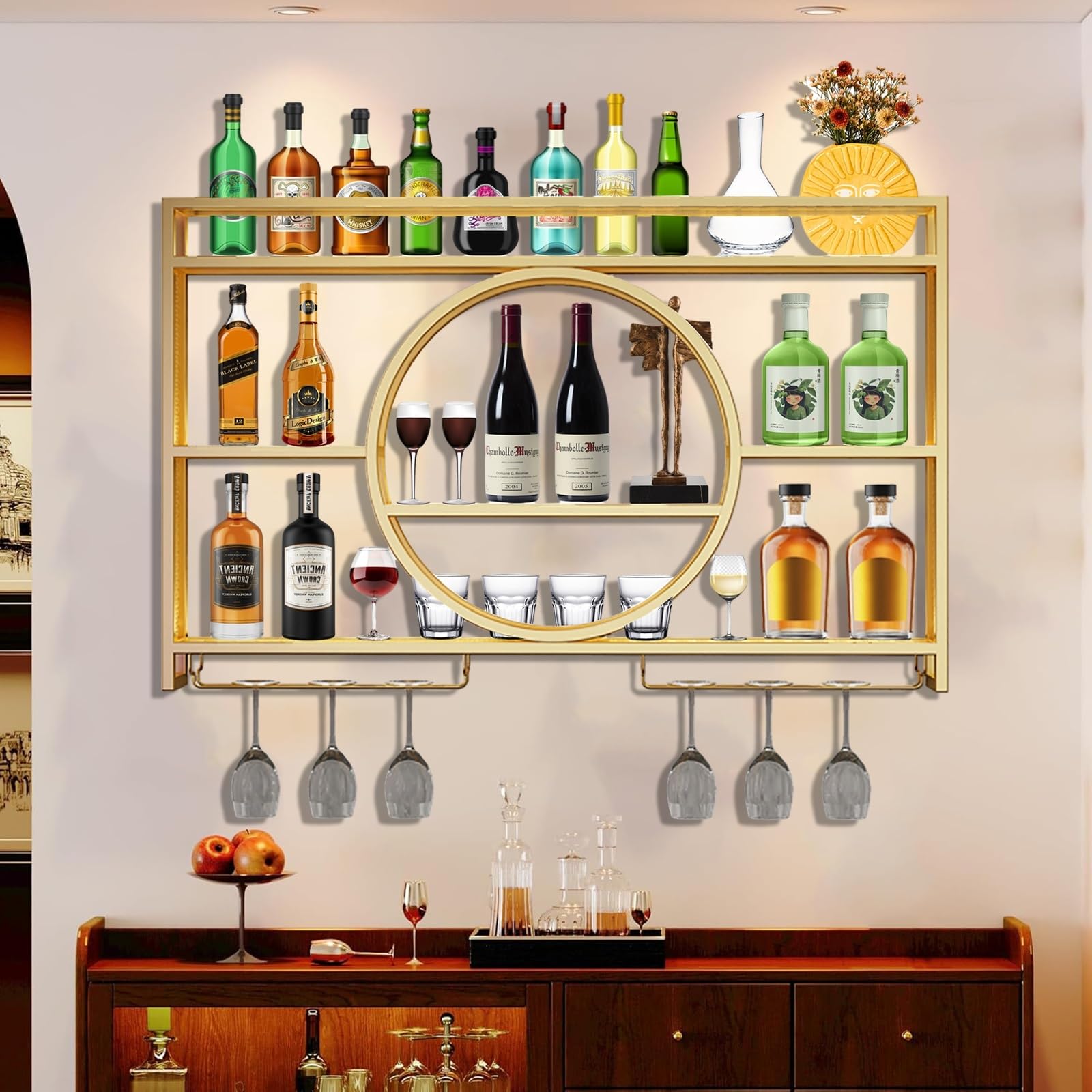 Étagère à vin murale lumineuse pour salon chic | Range-bouteilles moderne