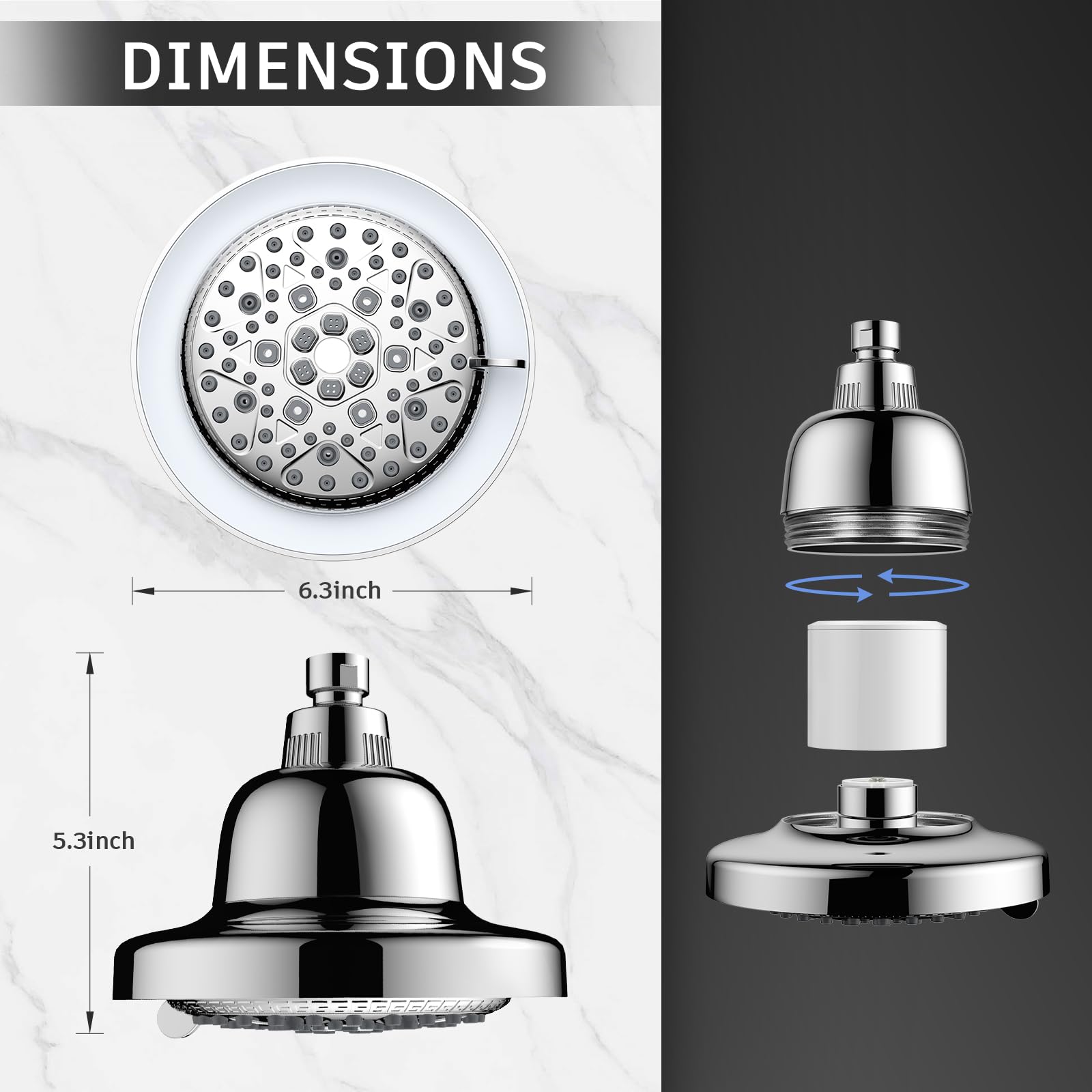 FEELSO Cabezal de ducha filtrado con LED que cambia de color, 7 modos de ducha de lluvia de alta presión con filtros, cabezal de ducha suavizante de agua para agua dura, elimina el cloro, reduce la