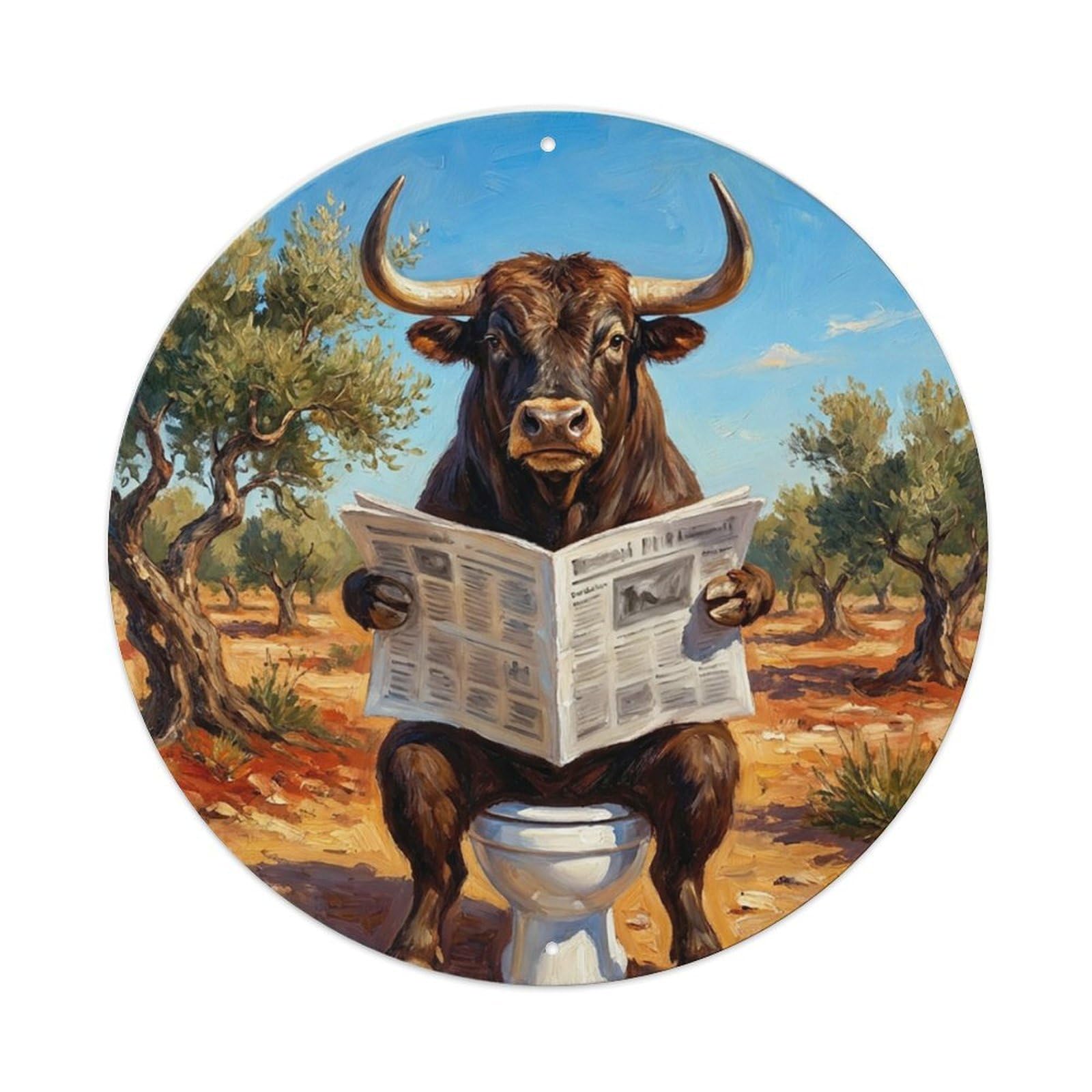 Bull On Toilet Humorous Bathroom Spanish Field Reads Metal Tin Sign