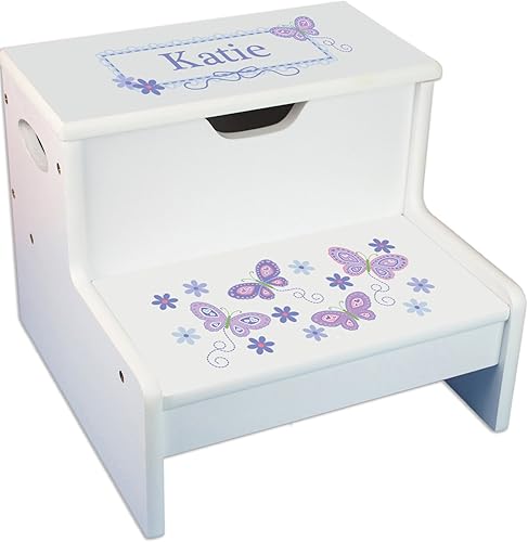 Taburete blanco personalizado y almacenamiento con diseño de mariposas de lavanda