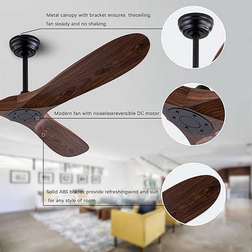 Miniatura 6 de Ventilador de techo ABS de 52 pulgadas, control remoto, sin luces, 3 cuchillas, ventilador de techo silencioso para sala de estar, dormitorio,