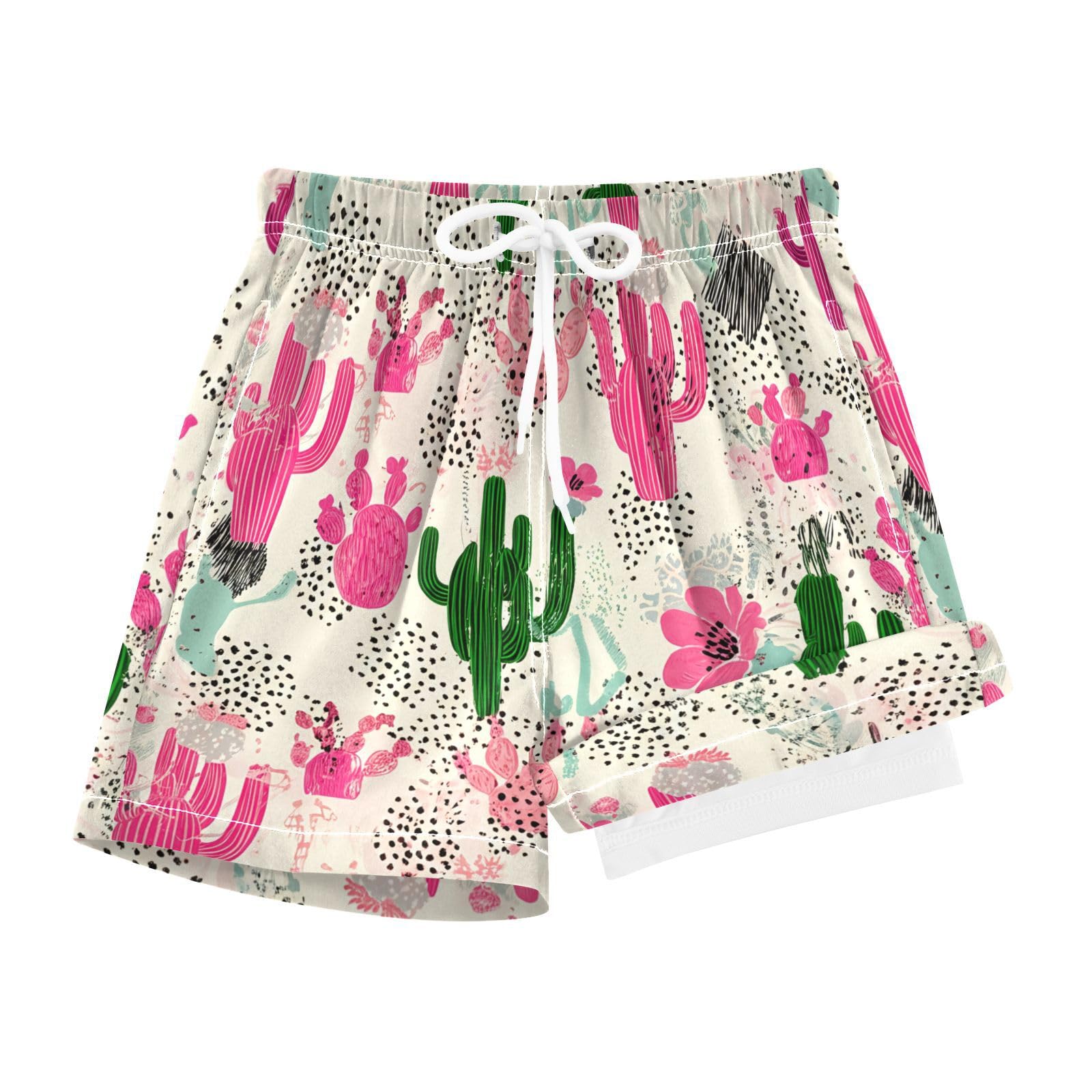 YANENDIE Boy Swim Trunks with Compression Liner Cacti Pattern Boys Swim Shorts Quick Dry Beach Shorts