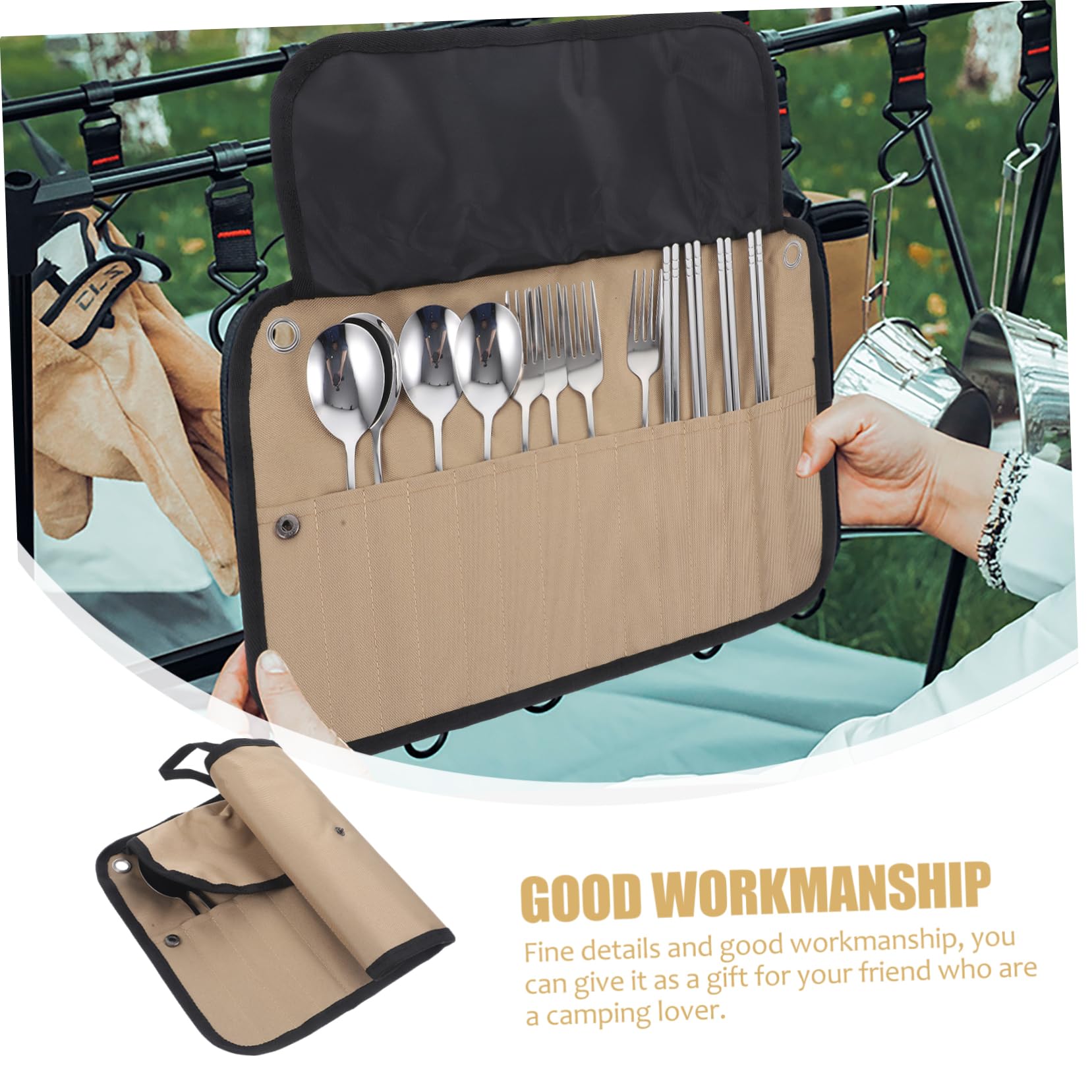 Kisangel Reisegeschirr Satz aus Edelstahl mit Nylon Tragbare Bestecktasche und Grillgeschirr Tasche Leicht zu Reinigen für Sommerferien und Outdoor Ausrüstung