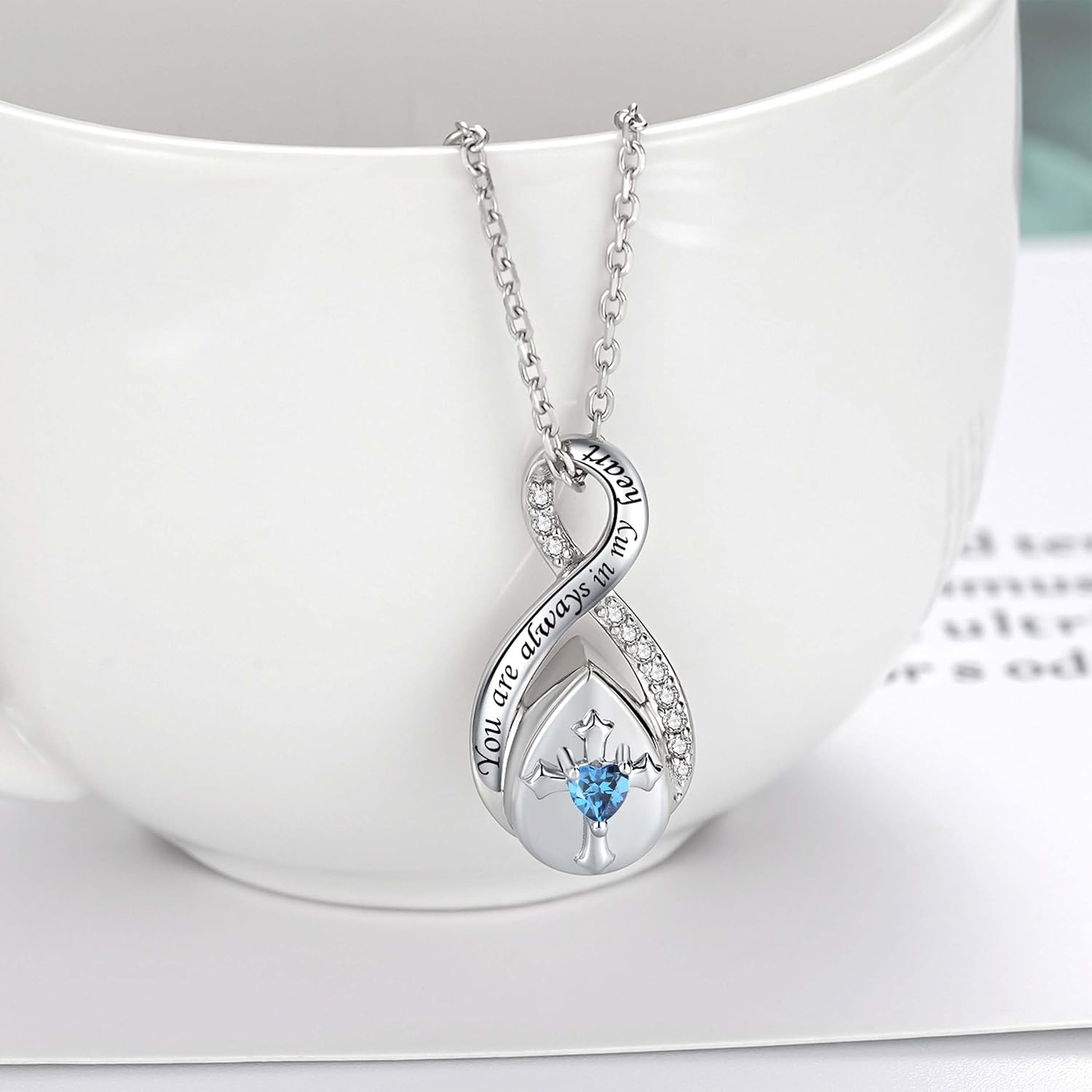 ZOEXUE Infinity Cross Cremation Jewelry - S925 Sterling Silver Cross Urn Necklace for Women - Birthstone Cross with Heart CZ Ashes Keepsake Pendant Memorial Urn Jewelry Gift for A Loss Loved Ones - Image 6