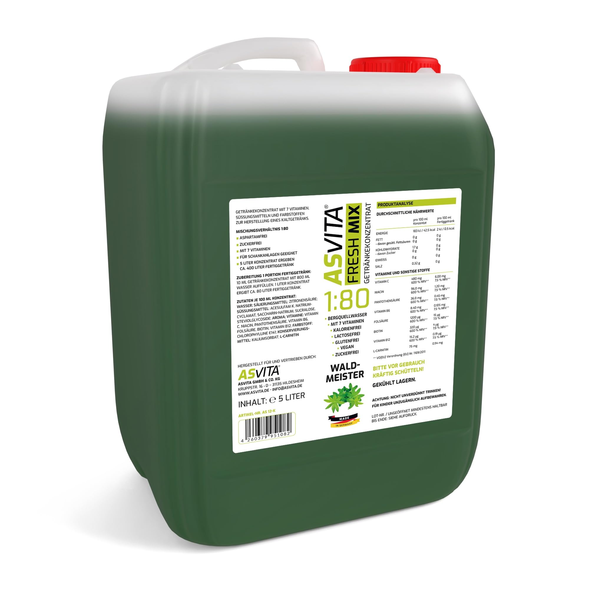 AsVita Getränkekonzentrat Fresh Mix 1:80 | 5 Liter Kanister - Getränkesirup zuckerfrei - 22 leckere Geschmacksrichtungen (Waldmeister)