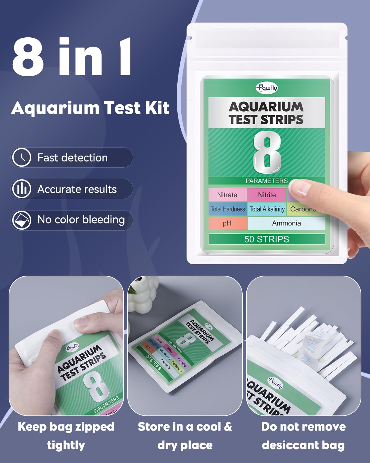 Pawfly 8 in 1 Aquarium Test Strips for pH Chlorine Nitrate Carbonate Hardness Total Alkalinity & Ammonia Water Quality Freshwater Saltwater Test Kit, 50 Strips Fish Tank Water Testing kit - image 2