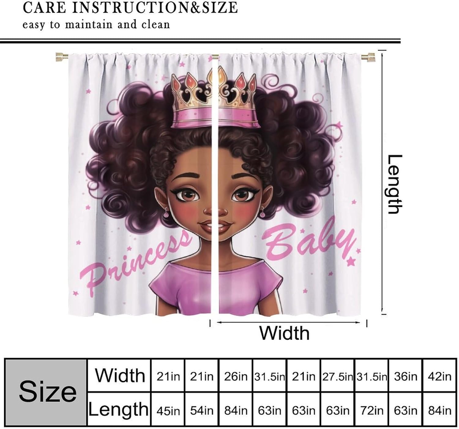 African American Black Girl Curtains Princess Pink Cute Beautiful Girl Rod Pocket Blackout Window Treatment for Kids Girls Bedroom Study Room Living Room Home Decro 42" W X 45" L