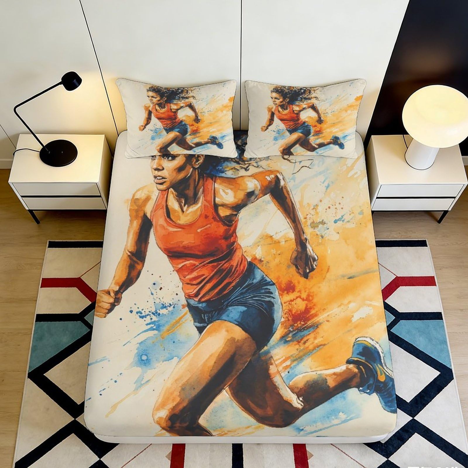 3D Printed Running Athlete Fitted Sheet Microfiber Orange Blue Sports Theme Bed Cover for Bedroom Dorm Decor 90x200x25cm