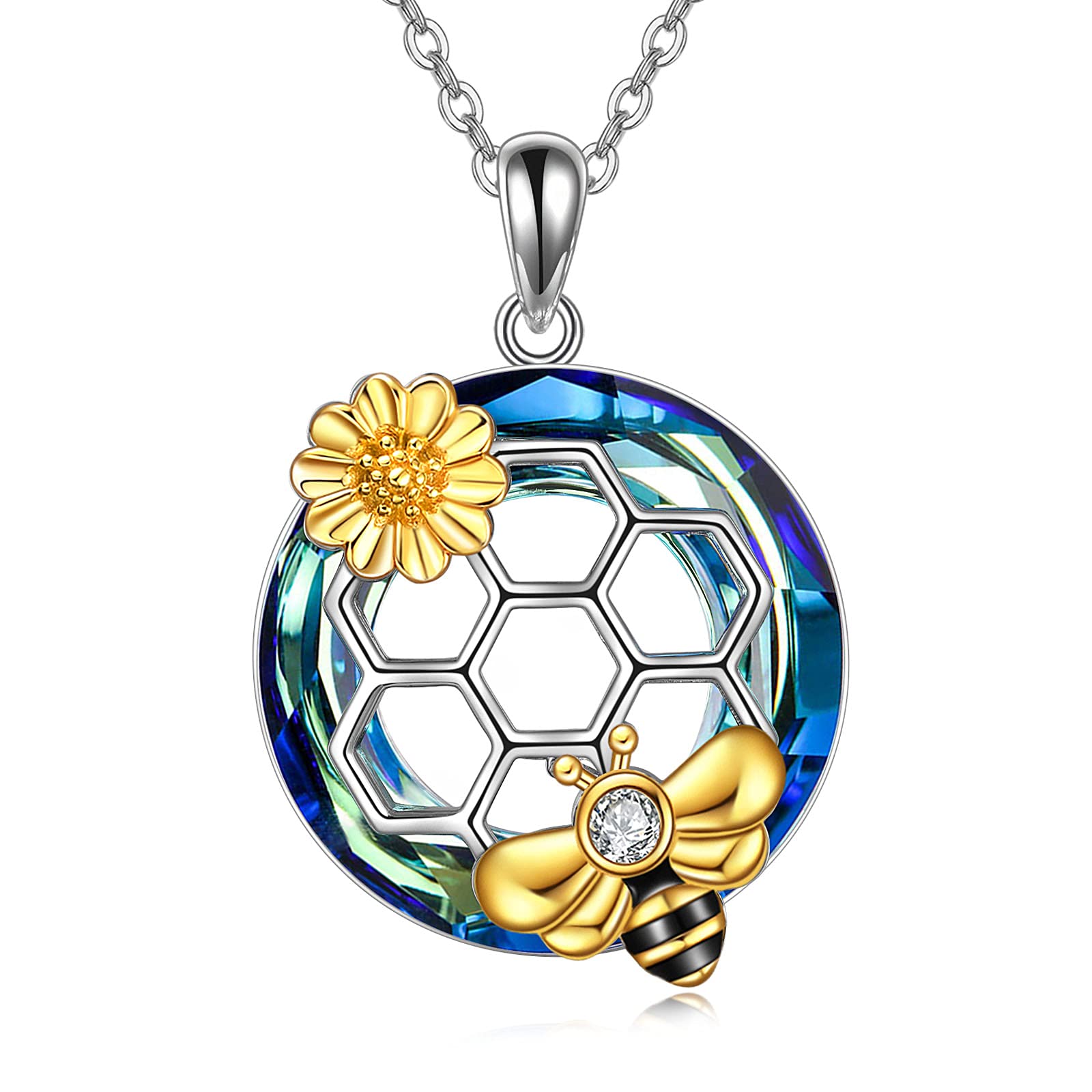 LUHE Bee Necklace 925 Sterling Silver Honeycomb Cute Flower Pendant Necklaces for Women Gifts for Her Women