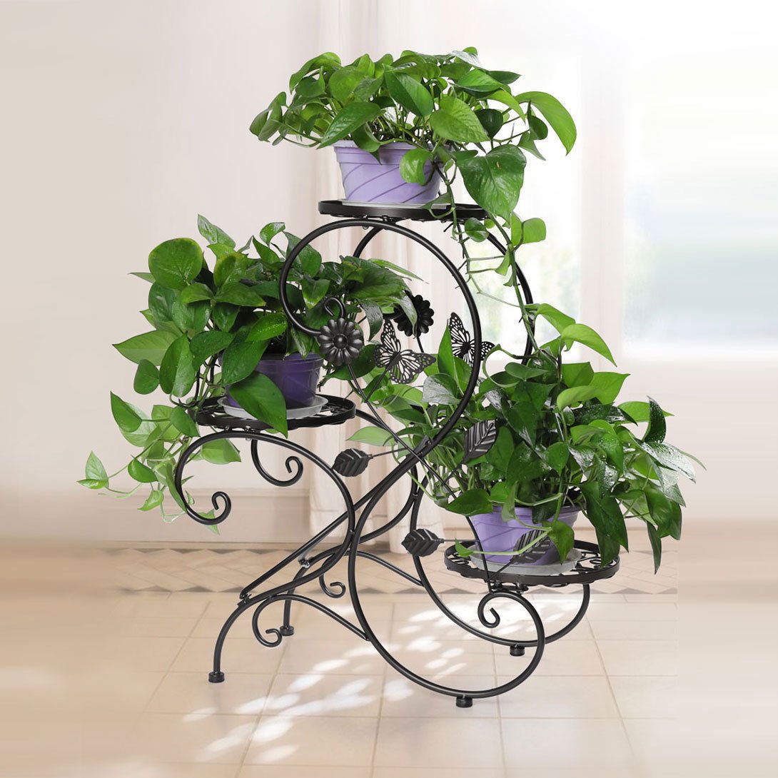 HAHAHA Portafiori S da Giardino, Portafiori Fioriera Decorativa, 3 Vasi, 60 x 26 x 64 cm, Nero, Metallo, Resistente alle Intemperie
