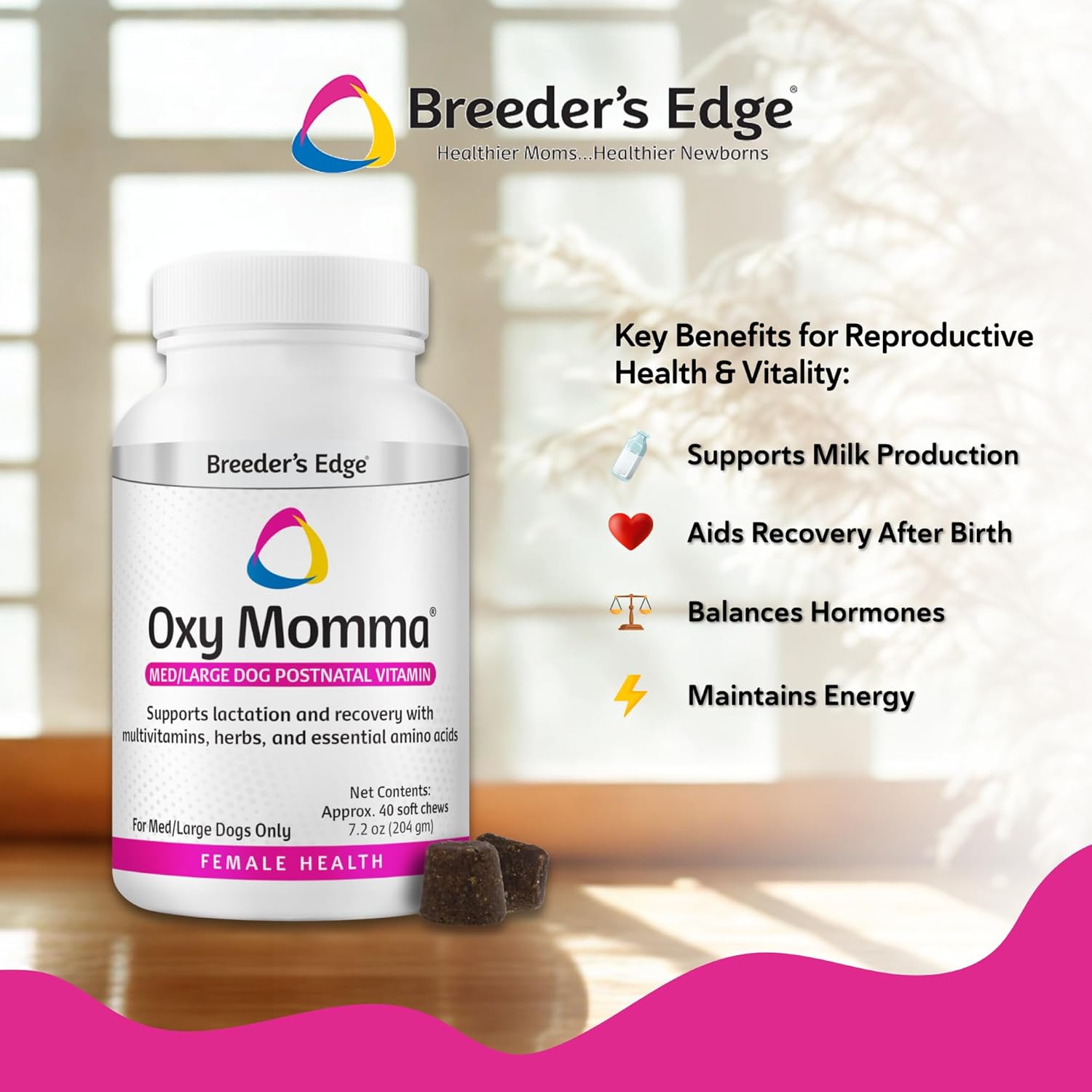 Breeder's Edge Oxy Momma Soft Chews, Postnatal Vitamin Supplement for Lactating Dogs and Cats, Supports Recovery, Hormones, and Next Pregnancy - for Medium & Large Dogs, 40ct Soft Chews