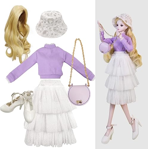 Proudoll Conjunto de ropa de muñeca BJD de 1/3 – Camisa de manga larga morada hecha a mano, falda en capas, sombrero, peluca, bolsa cruzada y tacón
