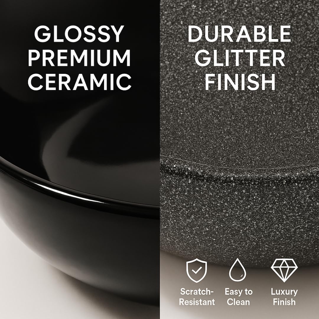 HISRE Table Top Wash Basin For Bathroom | Over Counter Top Wash Basin For Living Room | Washbasin Countertop | Tabletop Ceramic Bathroom Kitchen Sink (Black), photo 4 of 5