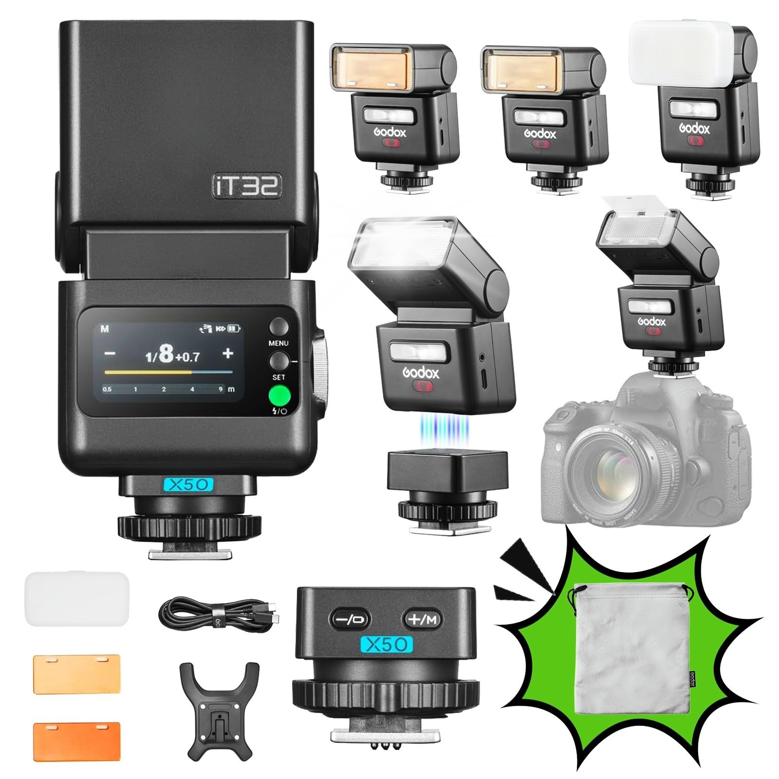 Godox iT32 cameraflitser met X5O TTL-trigger voor Olympus, magnetisch splitsontwerp voor direct off-camera-opnamen, TTL & HSS, kleurentouchscreen, ingebouwde led, 2,4 GHz draadloos X-systeem, USB-C