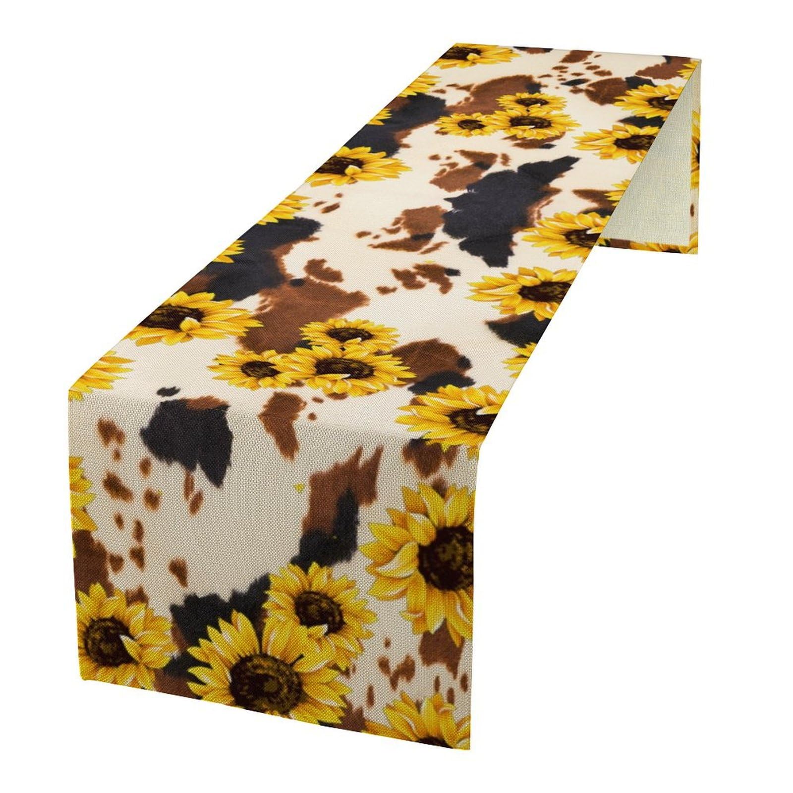 Cow Skin Print Table Runner, Vintage Sunflower Cottage Country Farm Animal Fur Skin Western Style Brown Cowhide Print Dinner Runner for Home Kitchen Dining Table 13x120in