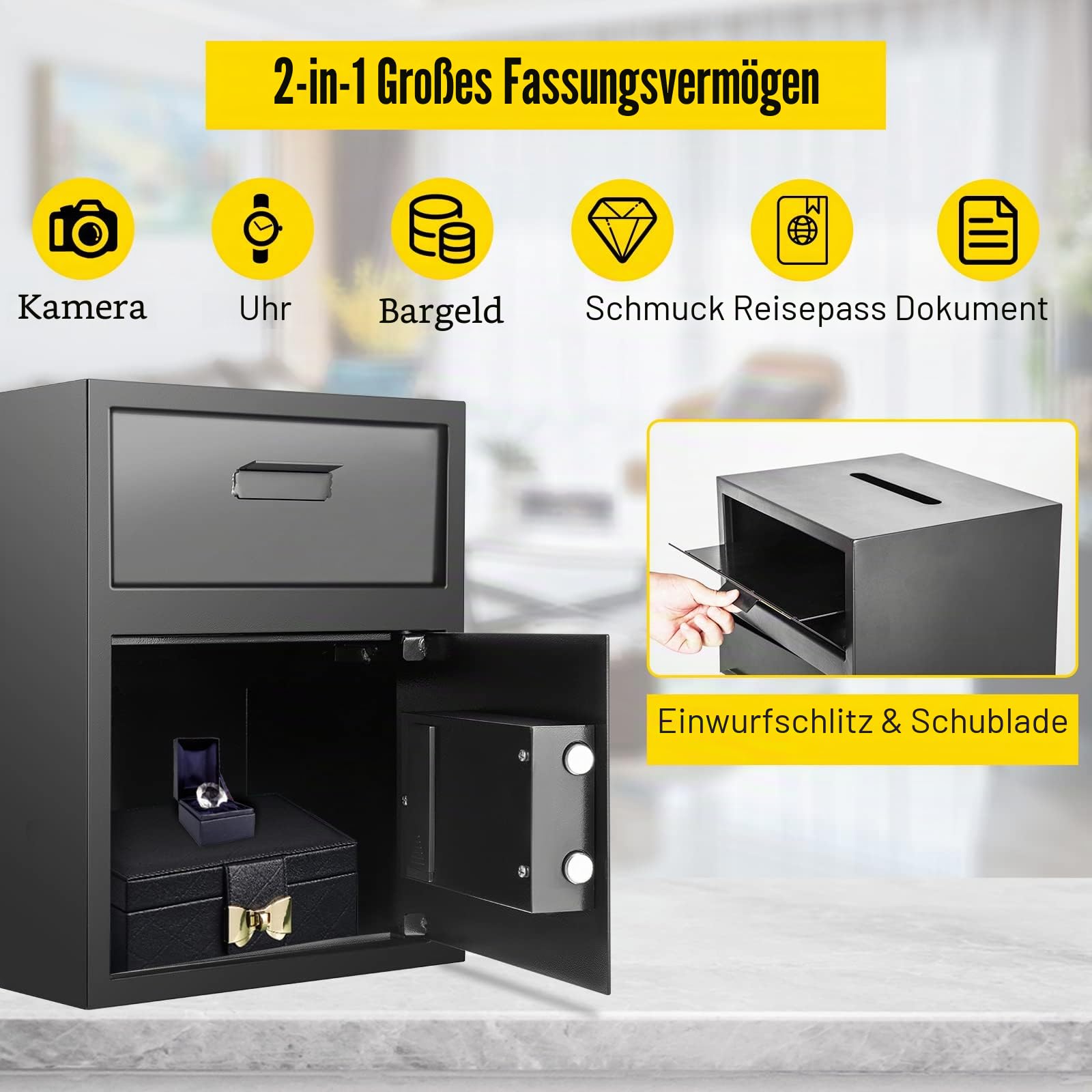VEVOR Safe mit Einwurfschlitz Diebstahlsicherung, elektronischer Sicherheitstresor aus Kohlenstoffstahl, feuerfest, 2 Schlüssel, 2 Code-Sets, digitaler Safe LCD Dokument Waffe