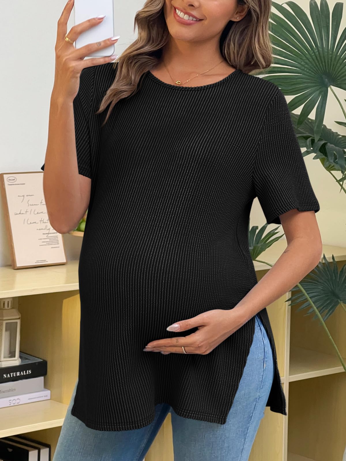Tankaneo T-shirt de maternité d'été côtelé à manches courtes pour femme