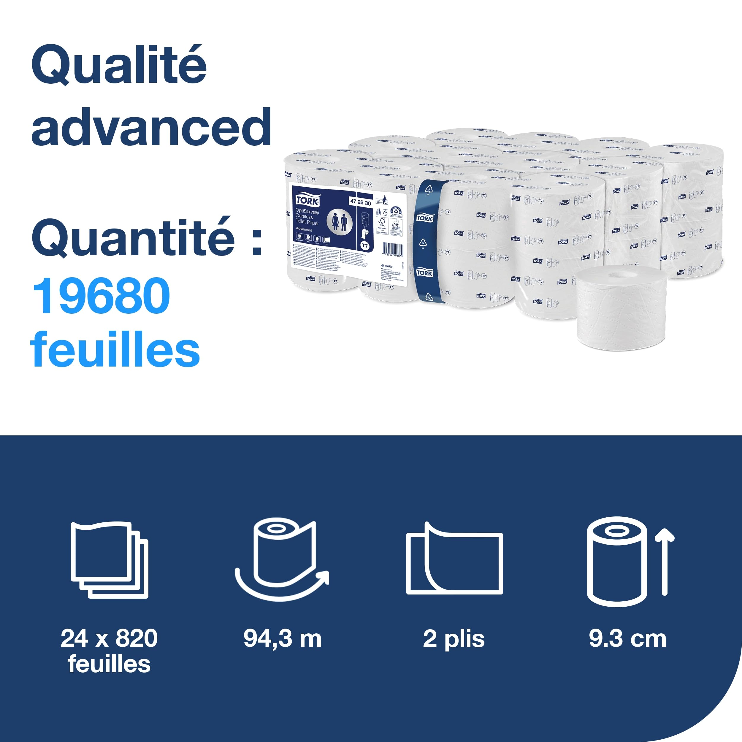 Tork OptiServe Coreless Toilet Paper Blanc T7, 472630, 24 x 820 Feuilles | Advanced, 2 Ply