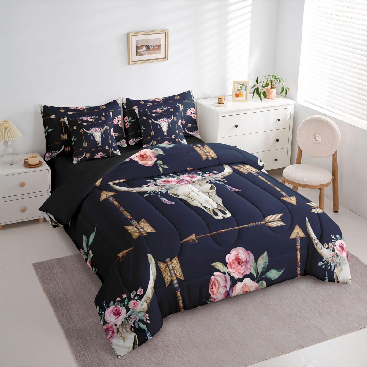 Erosebridal Bull Skull 7 Piece Bedding Set Queen Boho Comforter Set with Sheets Arrows Pink Rose Feather Aztec Bed in a Bag Mysterious Tribal Style Colorful for Teens Men Women