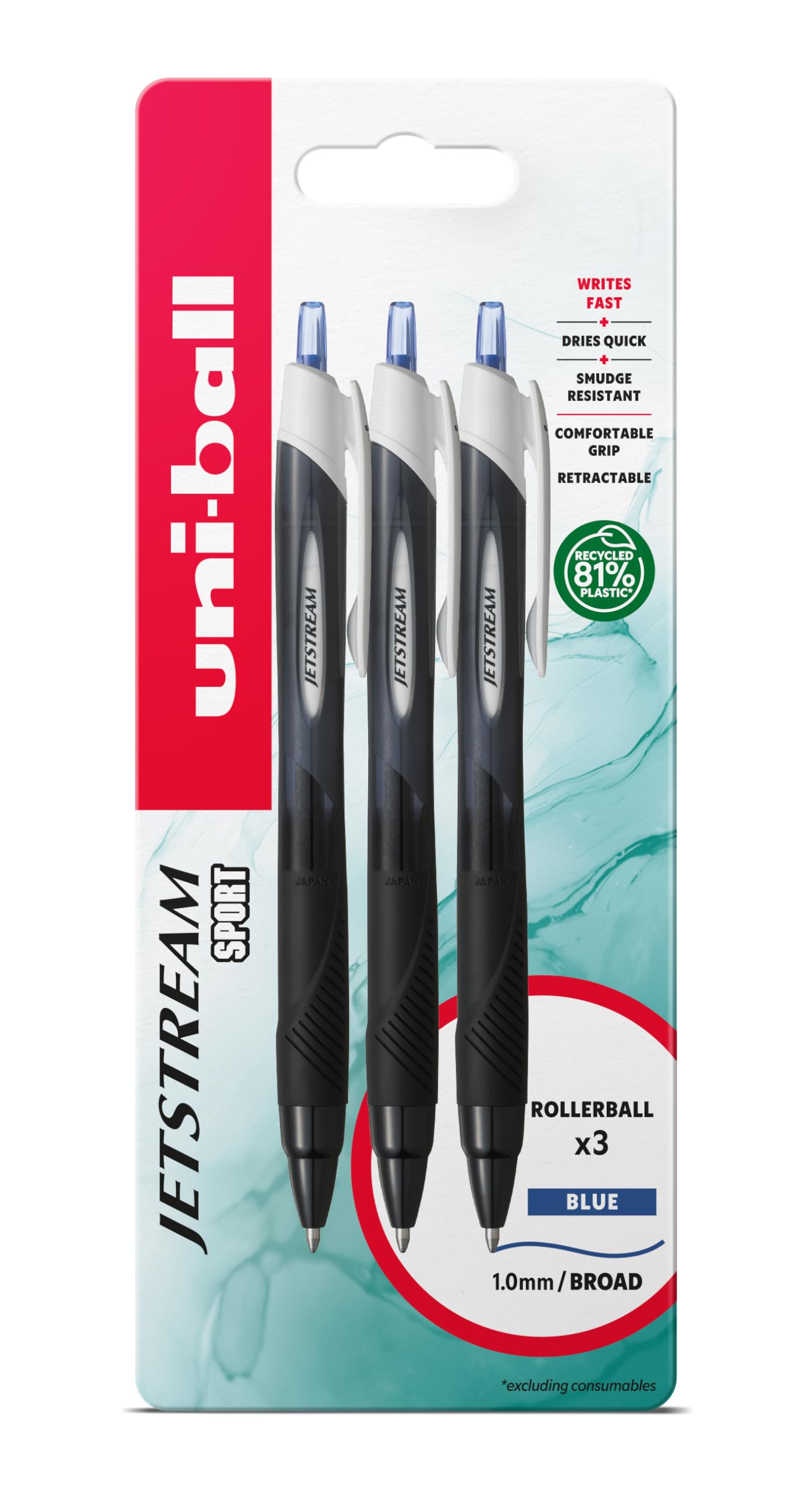 uni-ballJetstream Sport SXN-150S Ballpoint Gel Pens. Premium 1.0mm Rollerball Tip. Smooth Writing Blue Uni Super Ink Dries Instantly. Does Not Smudge. Pack of 3