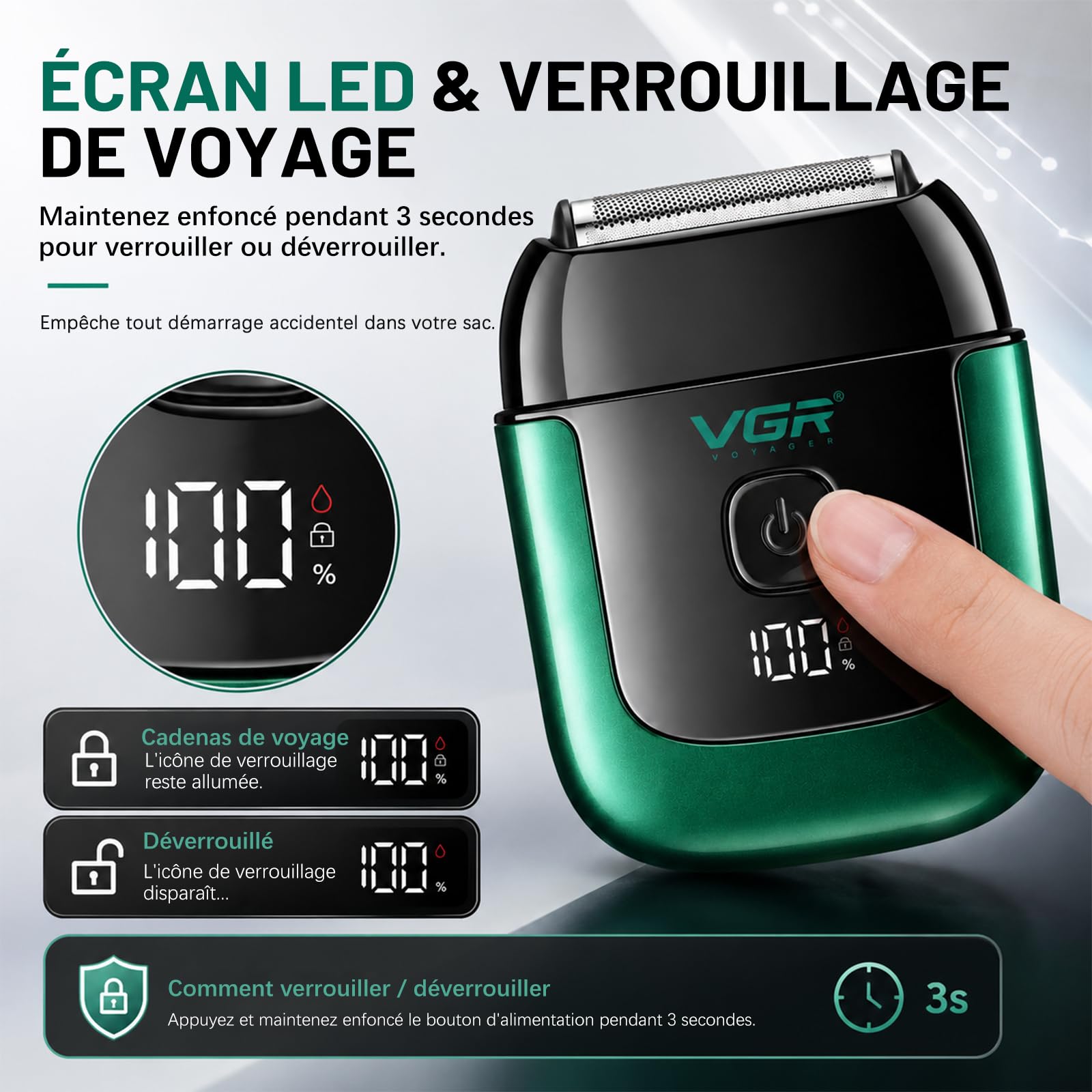 VGR 380 Mini Rasoir Electrique Avec Cadenas De Voyage, Étanche IPX6, Vert