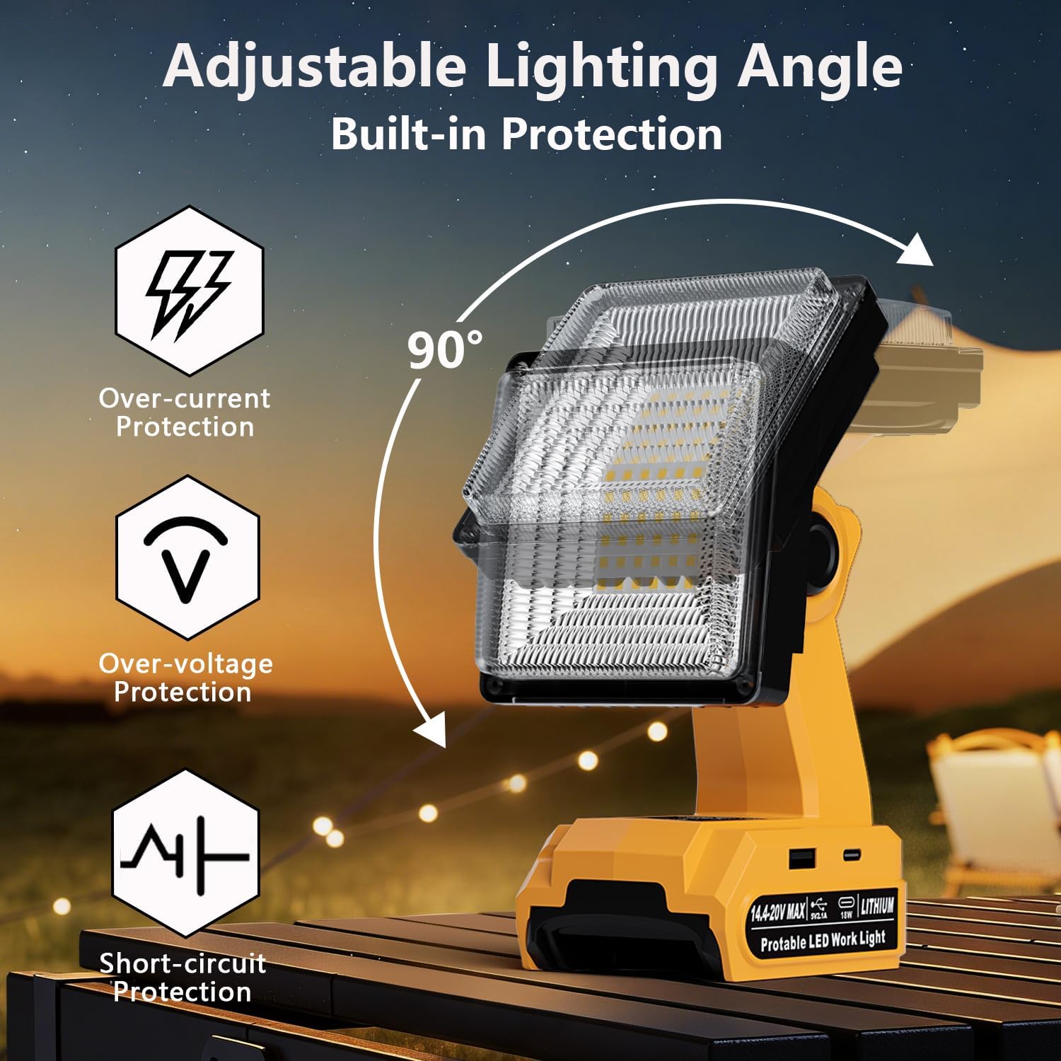 DTEZTECH LED Work Light for Dewalt 20V Max Battery, 25W 1500LM Cordless Portable Flood Light with 90° Pivoting Head, USB-A & USB-C Charging Ports for Jobsite, Workshop, Camping & Emergency (Tool Only)