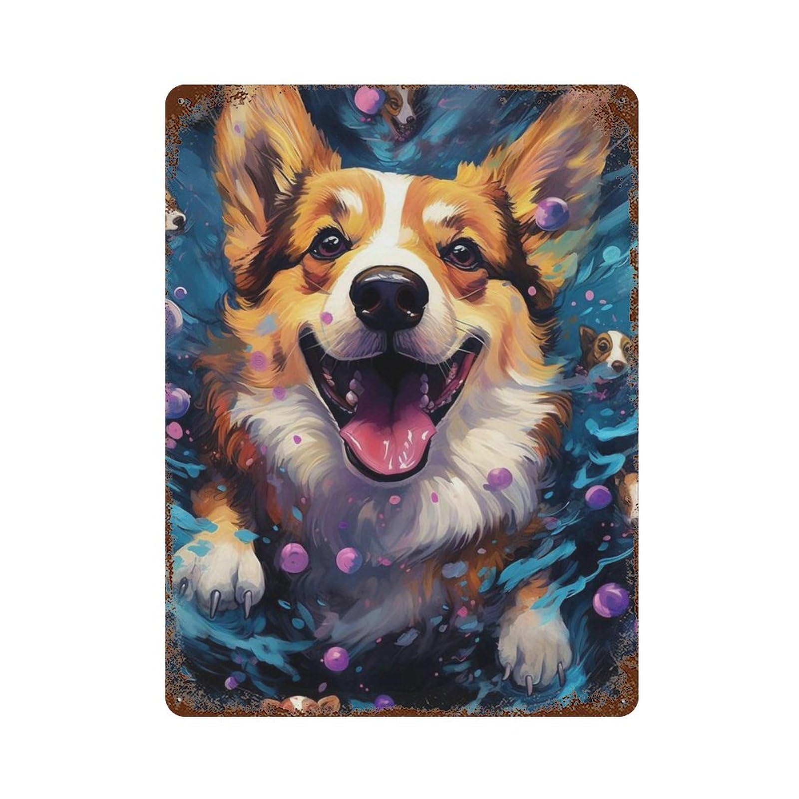 Happy Corgi Painting Distressed Metal Wall Sign 15.7"x11.8", Ideal for Patio, Garden Room And Bar Decor