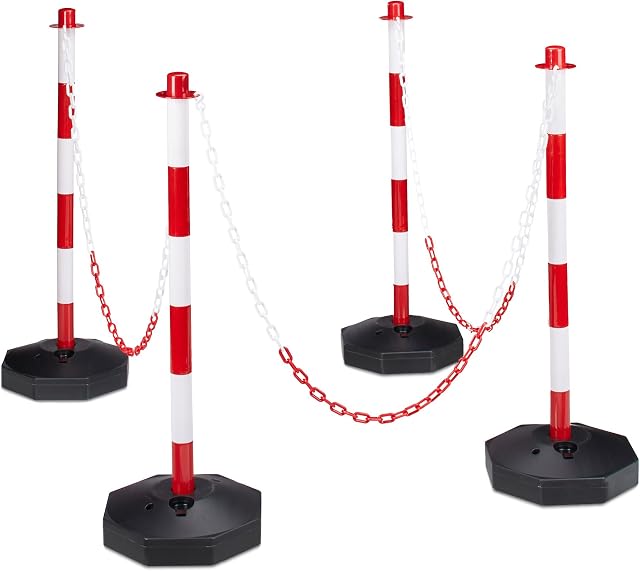 Relaxdays 4 Parking Barriers, Size: 82 x 112 x 28 cm Chain Barrier made of Plastic w/ Practical Chains to Save Parking Spaces w/ Sturdy Base to Fill w/ Water or Sand, Red / White