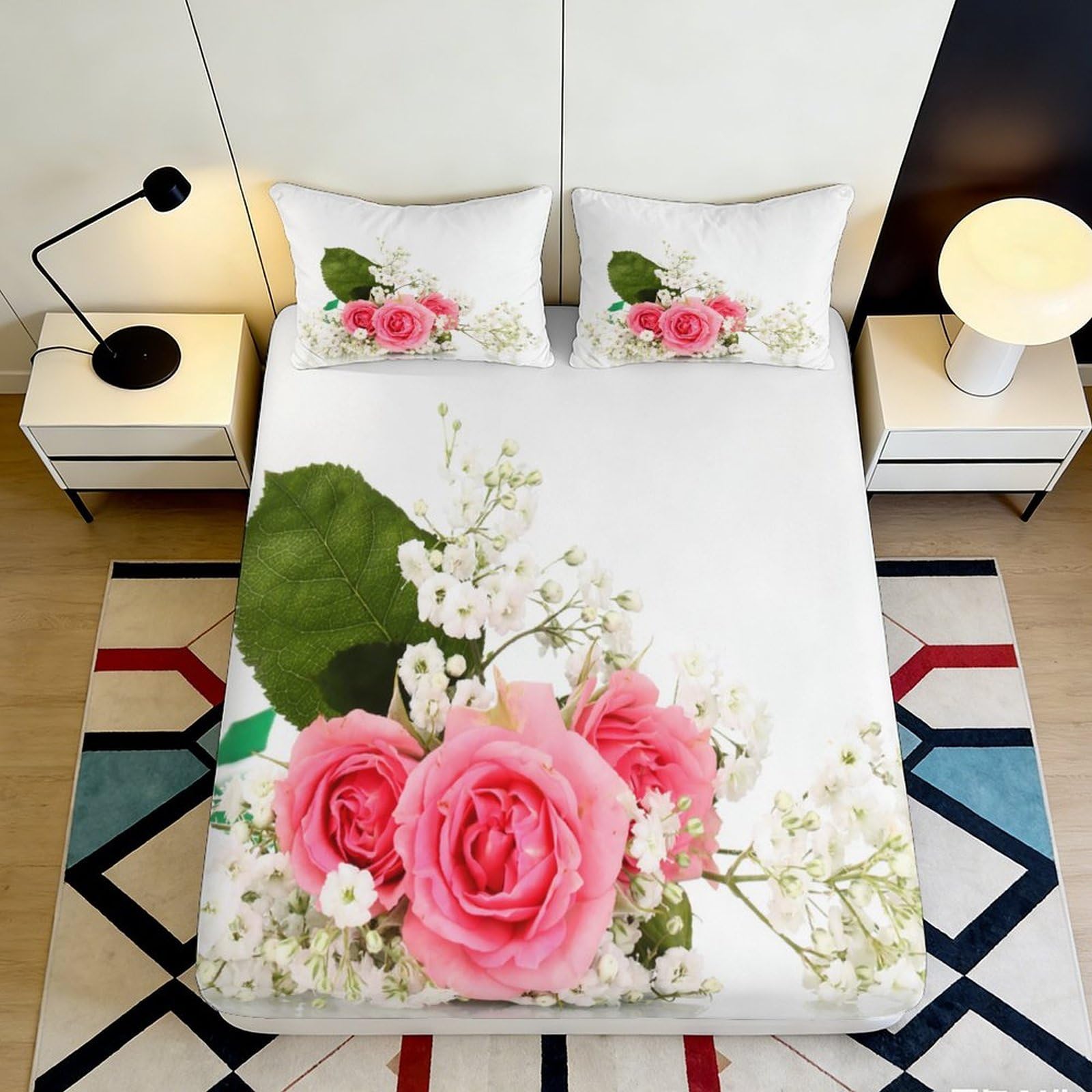 3D Printed Pink Rose Floral Fitted Sheet Microfiber Soft Breathable Bouquet Mattress Cover for Bedroom Guestroom Protection Decor 90x200x25cm