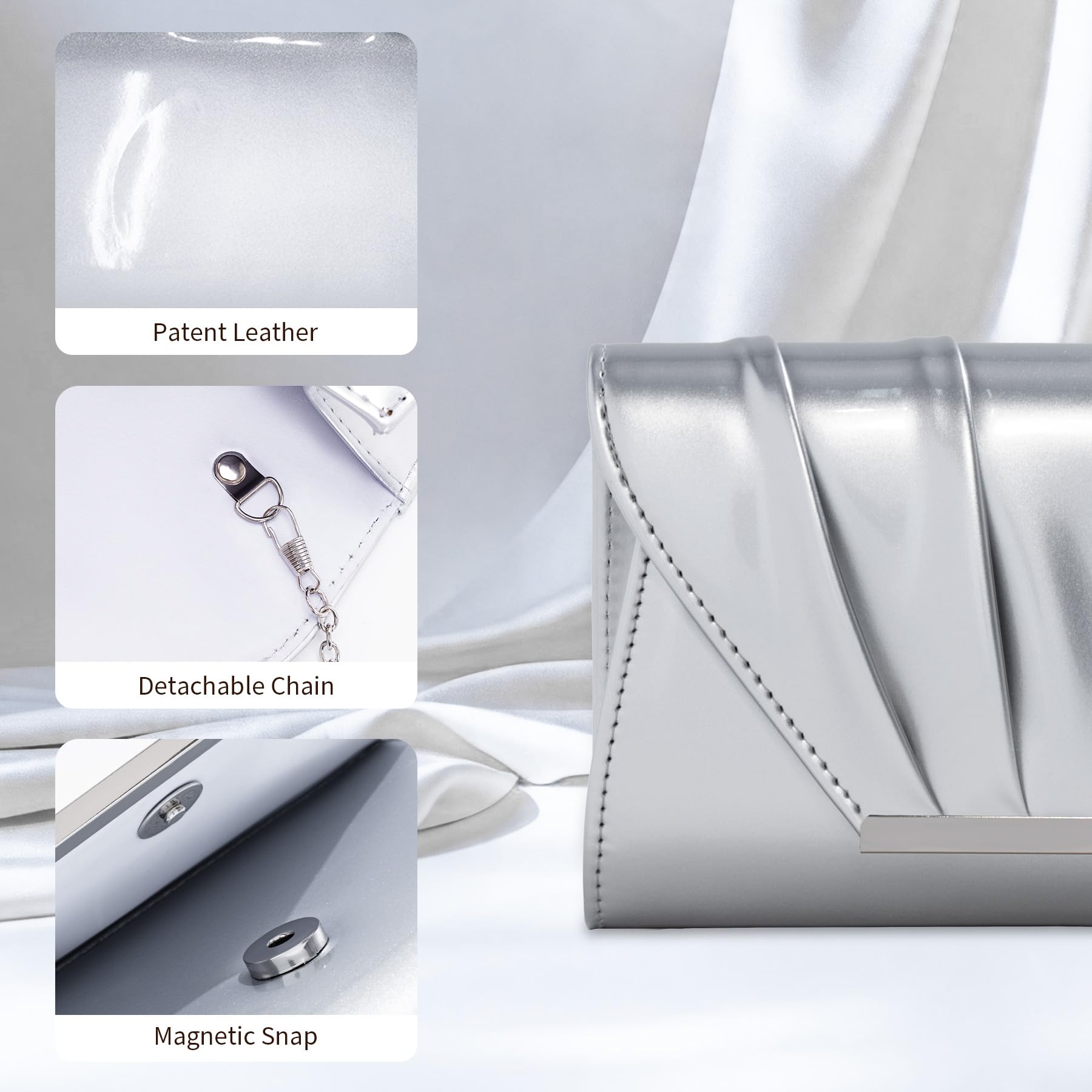 Pochettes et Clutches Femme, Métallisé Sac à Main Femme de Soirée en Cuir Verni, Enveloppe Plissé Pochette Mariage avec Chaîne, Élégant Sac Bandoulière pour Fête Cocktail Dîner