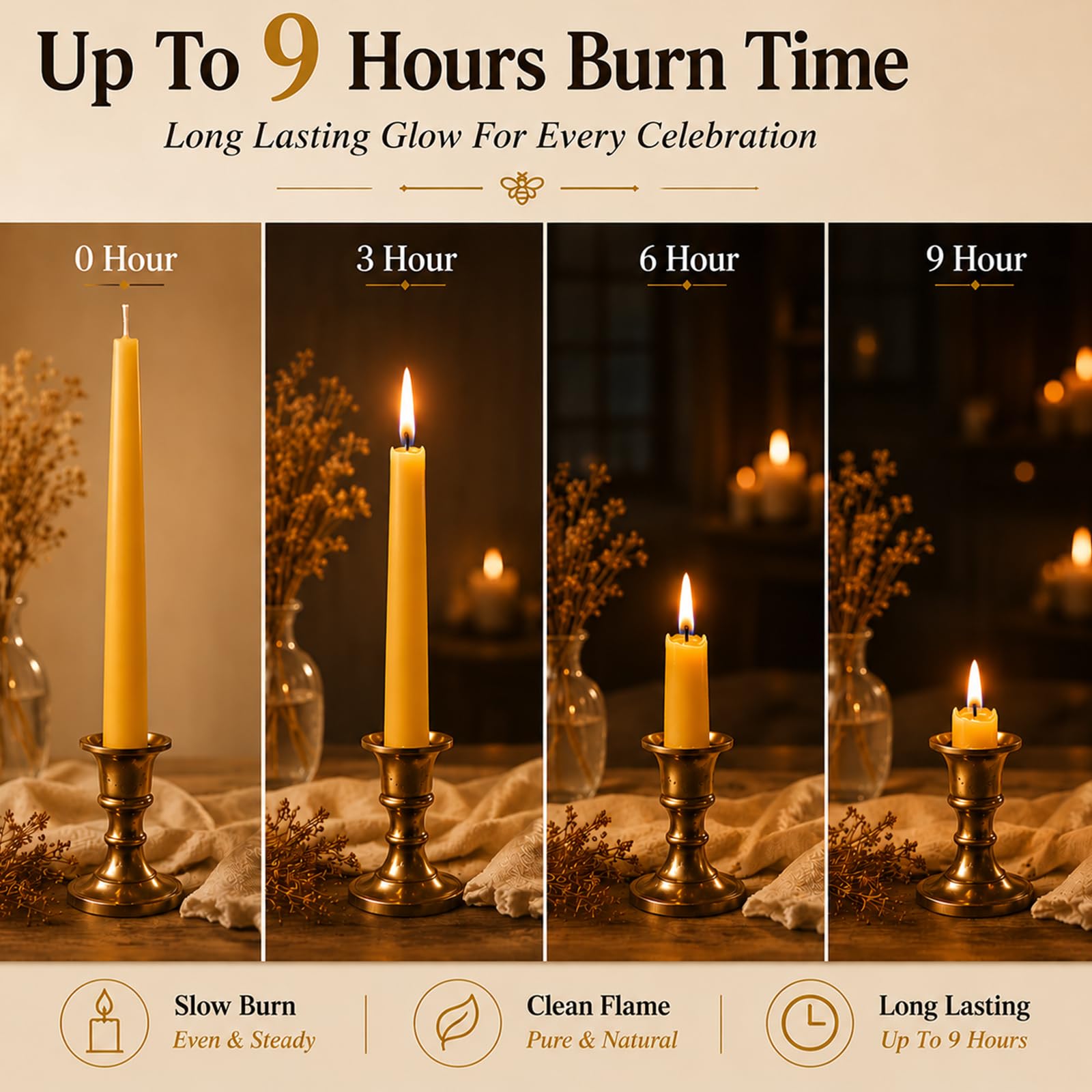 12 velas cónicas de cera de abeja natural de 10 pulgadas, velas de cera de abeja sin humo y sin goteo, 10 horas de tiempo de combustión, candelabros de cera de abeja para decoración del
