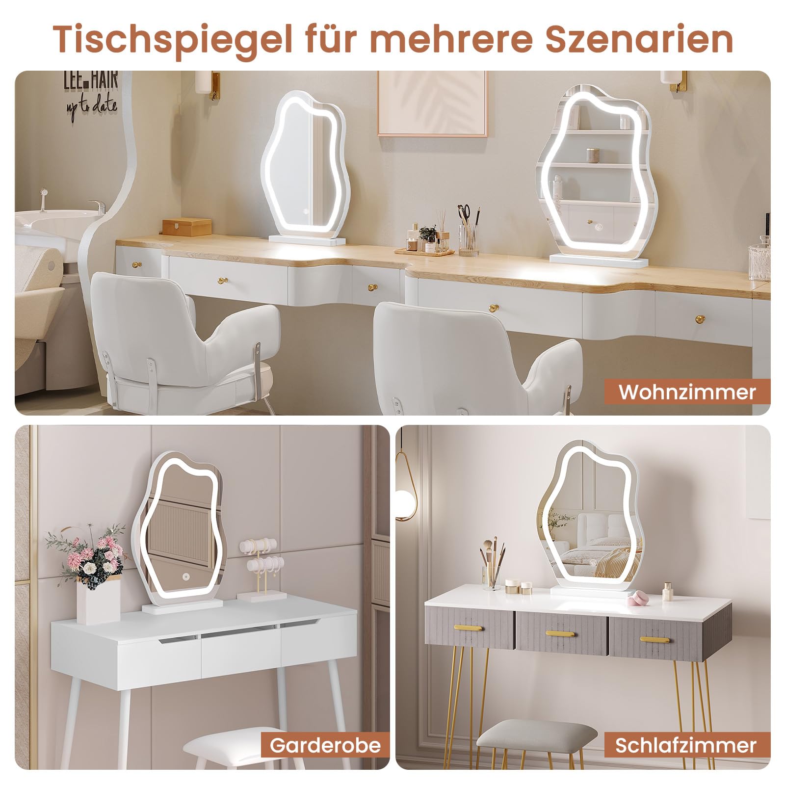 WOLTU Spiegel Schminktisch mit Beleuchtung, 3 Lichtfarben, unregelmäßiger Schminkspiegel in Wolkenform, moderner Kosmetikspiegel, Tischspiegel für Schminktisch und Schlafzimmer, 39 × 53 cm, Weiß