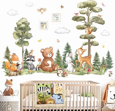 decalmile Large Woodland Animals Pine Tree Wall Decals Forest Animals Bear Deer Fox Wall Stickers Living Room Baby Nursery Kids Room Wall Decor(XL)