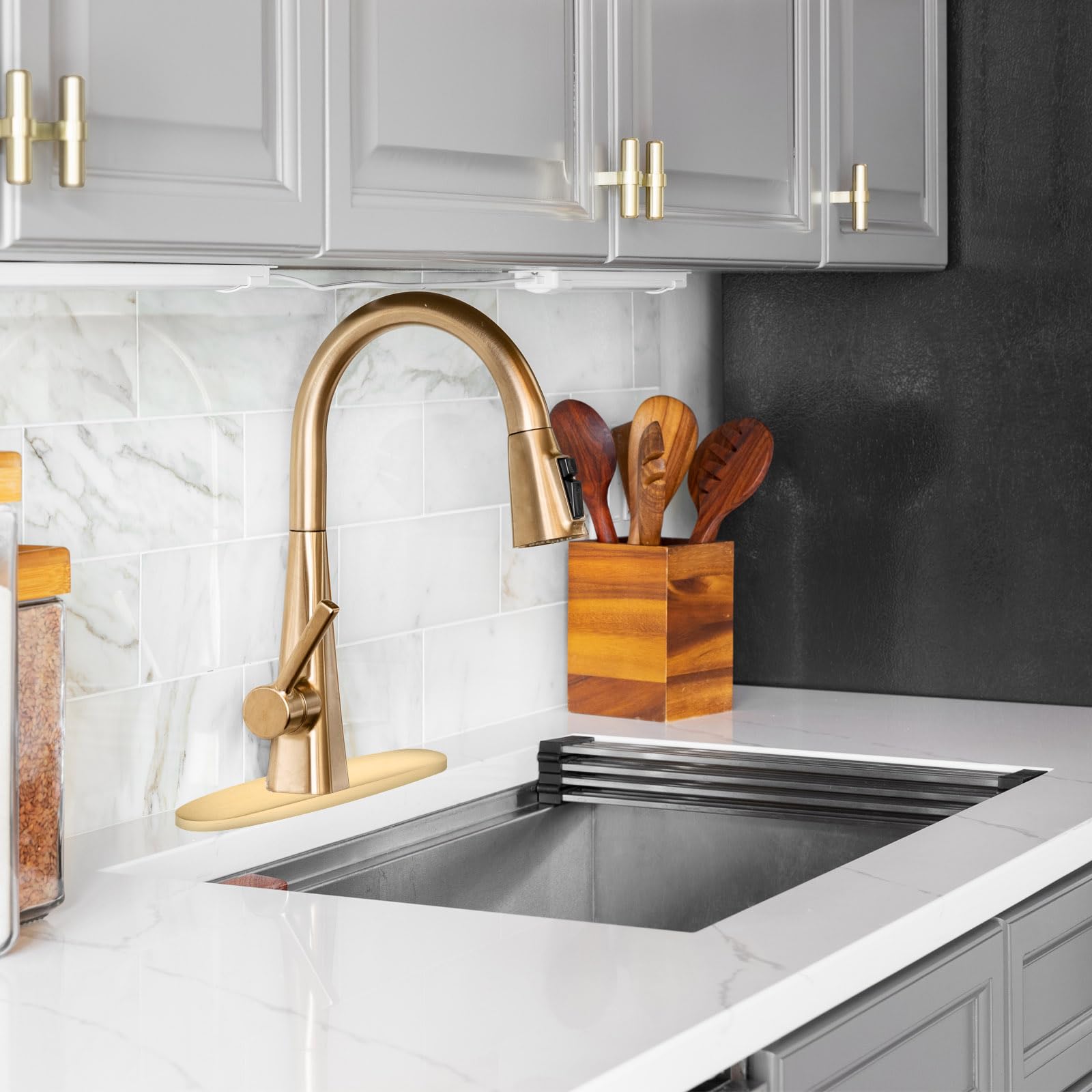 QUARKZMAN Piastra Copertura Foro 10 Pollici per Lavabo, Piastra Copertura Acciaio Inossidabile per Rubinetto Lavello Bagno o Cucina, Oro Spazzolato
