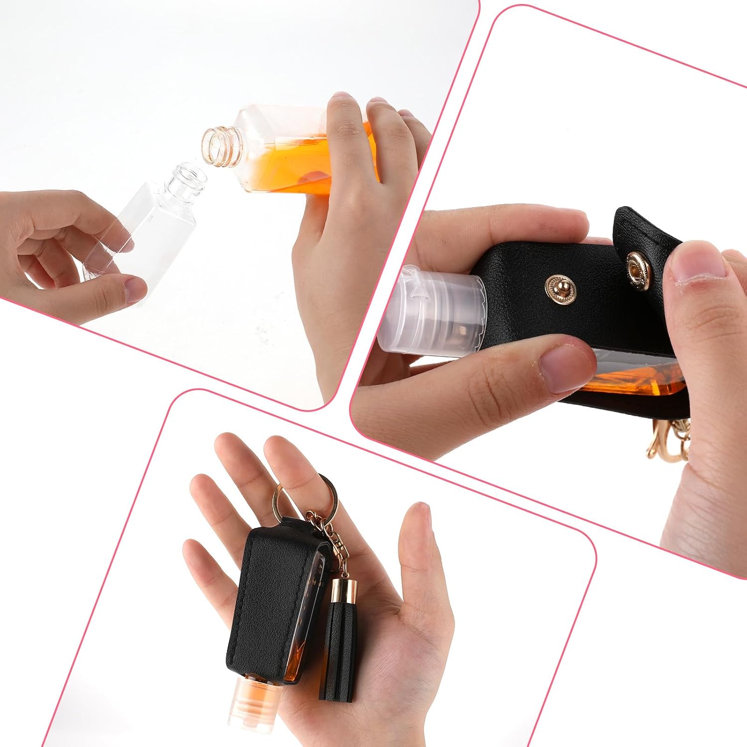 Molain 2 Pcs Hand Sanitizer Keychain 30ml Portable Leather Hand Sanitizer Holder Leakproof Empty Bottles Hand Sanitizer Travel Holder Bottle Refillable for Lotion Liquid Soap Shampoo(Brown,Black)