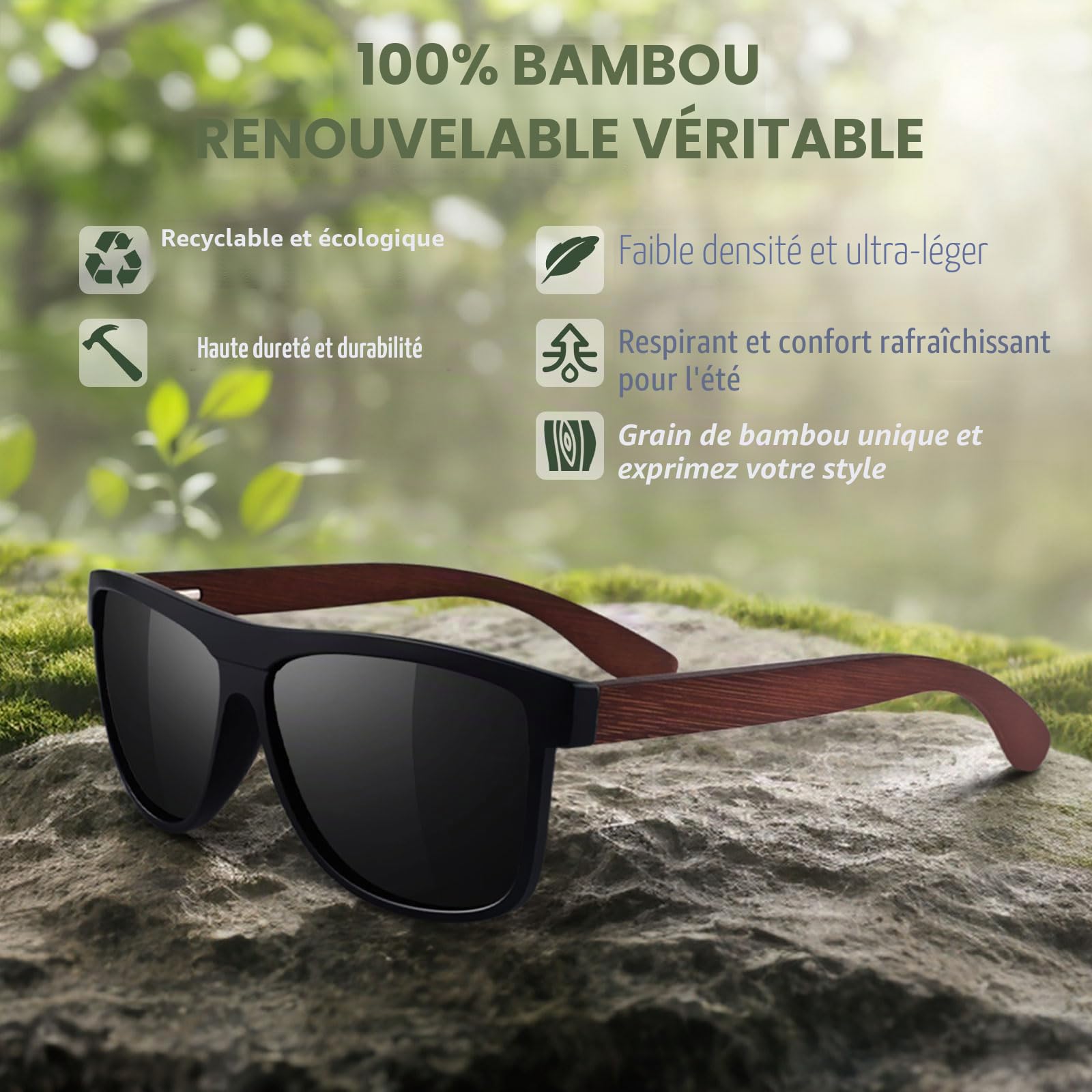 CGID Lunettes de Soleil en Bambou Polarisées UV400 Homme Femme