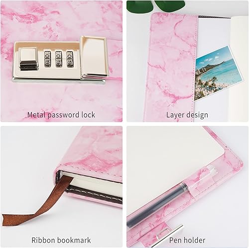 Miniatura 2 de Diario de mármol con cerradura y bolígrafo, diario A5 recargable para niñas y mujeres, 192 páginas, lindo cuaderno con cerradura de combinación y