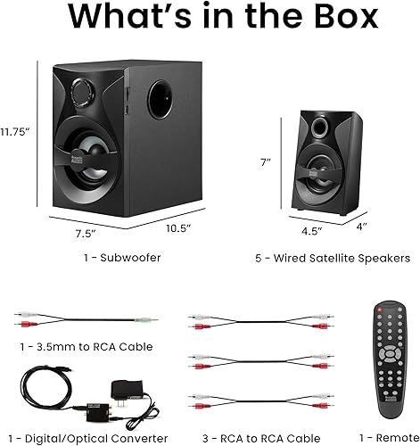 Miniatura 9 de Goldwood Bluetooth 5.1 Sistema de altavoces de cine en casa con pantalla LED, sintonizador FM, entradas USB/SD, juego de 6 piezas con control