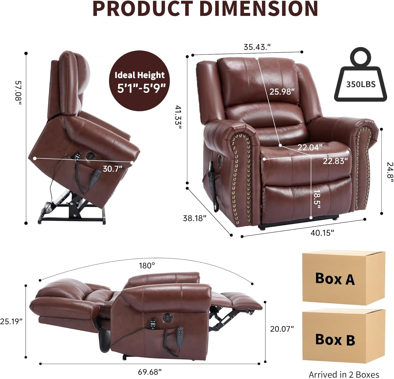 Dual Motor Recliner for Sleep Independent Control Backrest and Footrest Full Lay Flat Position Standing Aid with Home Button Massage Heat Leather Sofa for Seniors