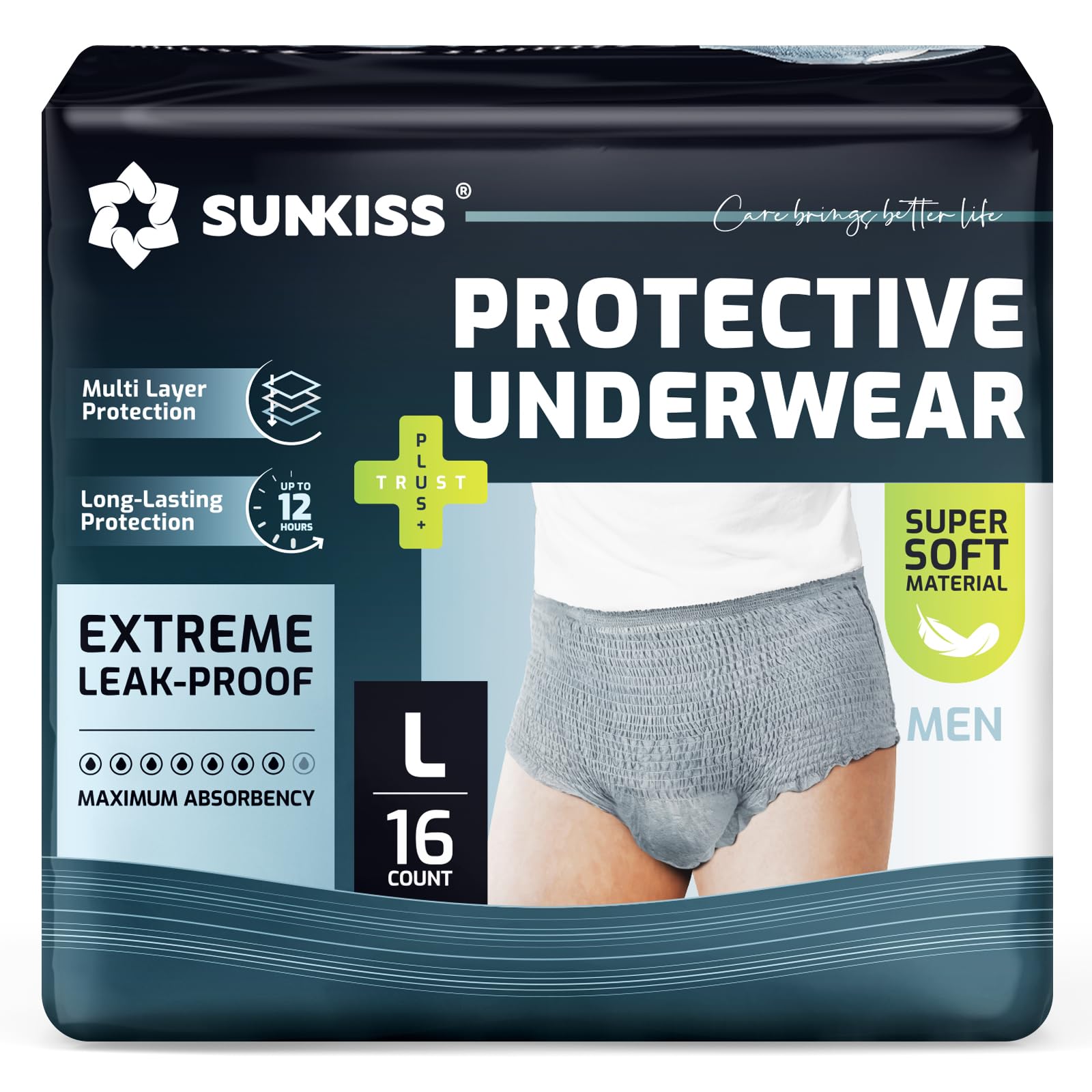 SUNKISS Super Soft Incontinence Underwear for Men, Daytime Disposable Adult Pull Ups, Mens Protective Diapers with Maximum Absorbency, Large, Grey, 16