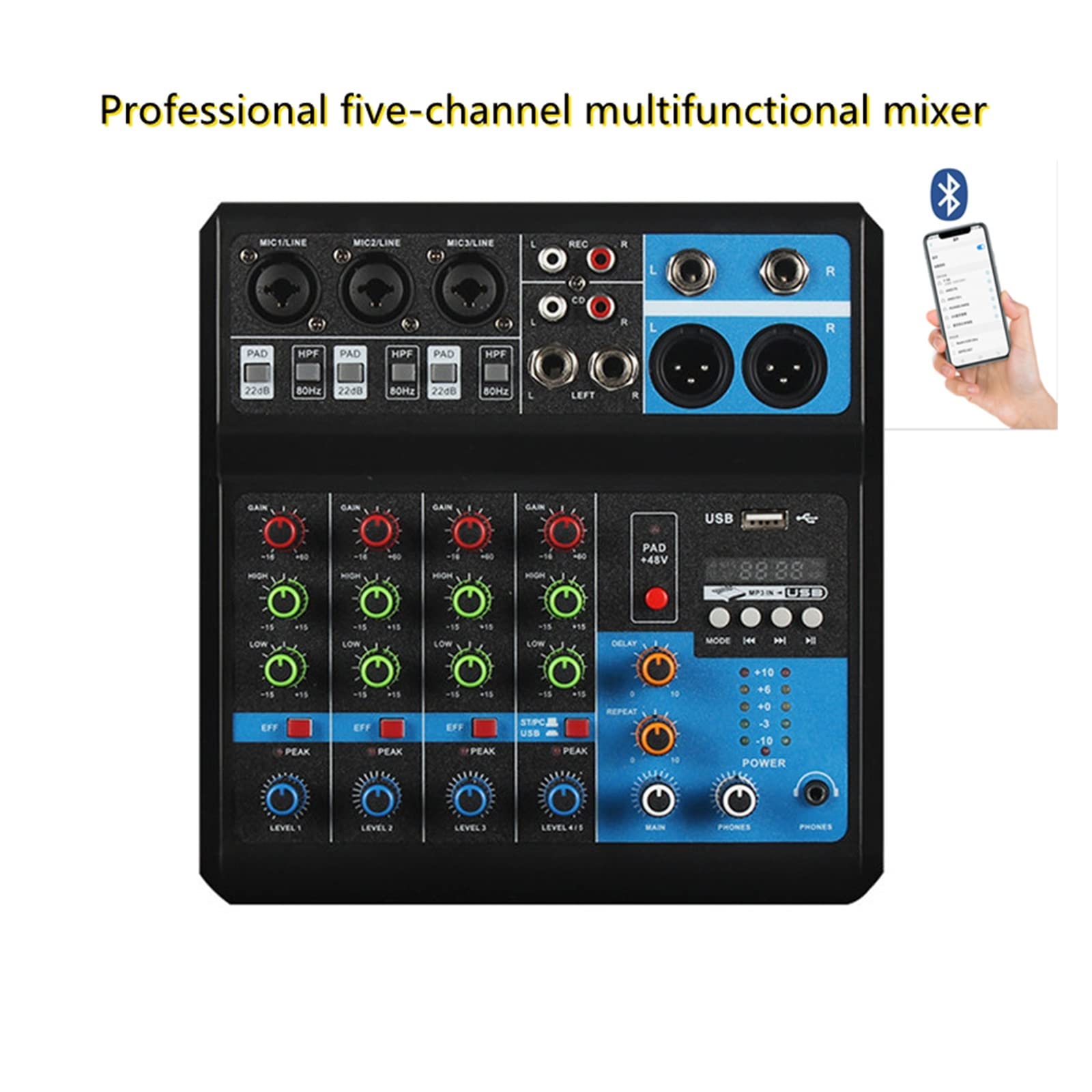 Mezclador de audio, Procesador de interfaz de equipo profesional profesional mezclador de consola de mezcla de tarjeta de sonido de disco libre de grabación de ordenador de 5 vías Para podcast/grabaci