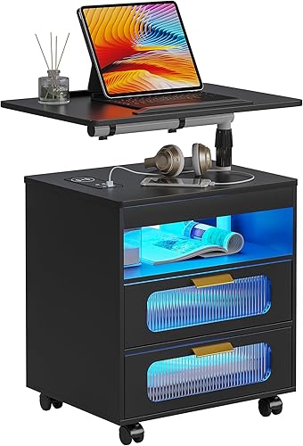 Miniatura 9 de HNEBC Mesita de noche con estación de carga inalámbrica, la mesita de noche LED tiene una estación de trabajo giratoria ajustable, mesita de noche