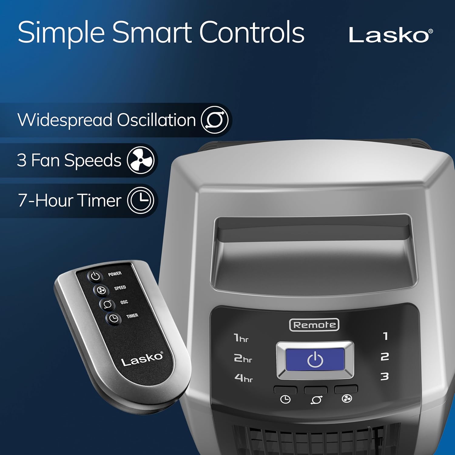 Close-up of Lasko Tower Fan control panel and remote control