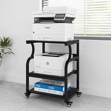 PUNCIA 3-Tier Movable Printer Stand Table with Storage, Large Rolling Cart on Wheels with Adjustable Shelf for Home Office Unit Organization Trolley for Heat Press 3D Printer Copier Machine Black