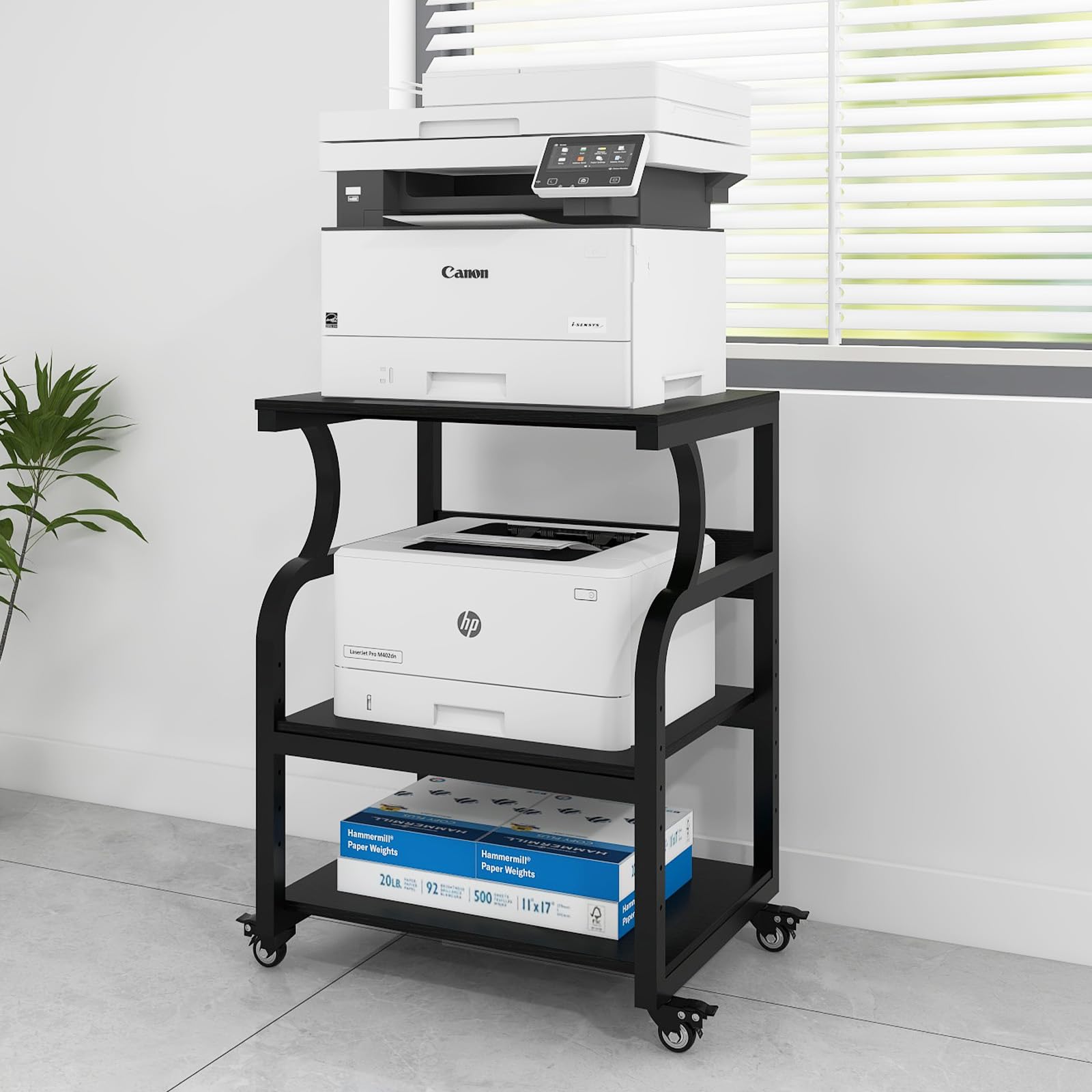 PUNCIA 3-Tier Movable Printer Stand Table with Storage, Large Rolling Cart on Wheels with Adjustable Shelf for Home Office Unit Organization Trolley for Heat Press 3D Printer Copier Machine Black