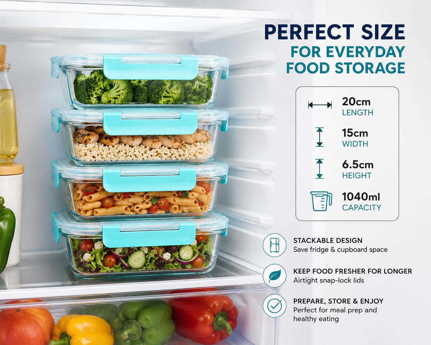 Confezione da 4 contenitori in vetro per la preparazione dei pasti con coperchio, 1040 ml, grandi contenitori per alimenti in vetro, ermetici, senza BPA, adatti a microonde, congelatore e