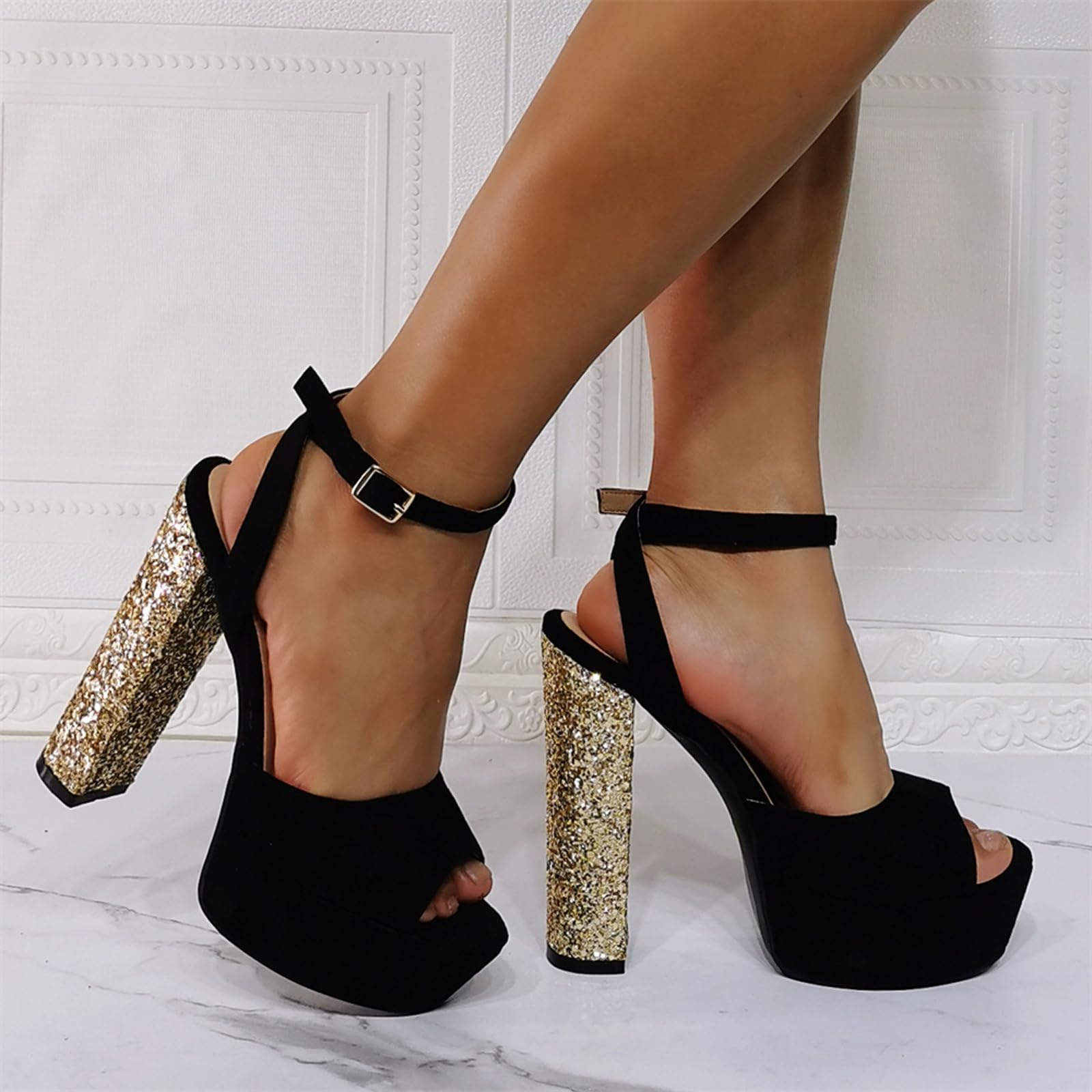 Scarpe Piattaforma in camoscio Nero Punta Aperta Donna, Tacco Largo 15 cm | Sandali con cavigliera per Matrimoni e Balli di maturità