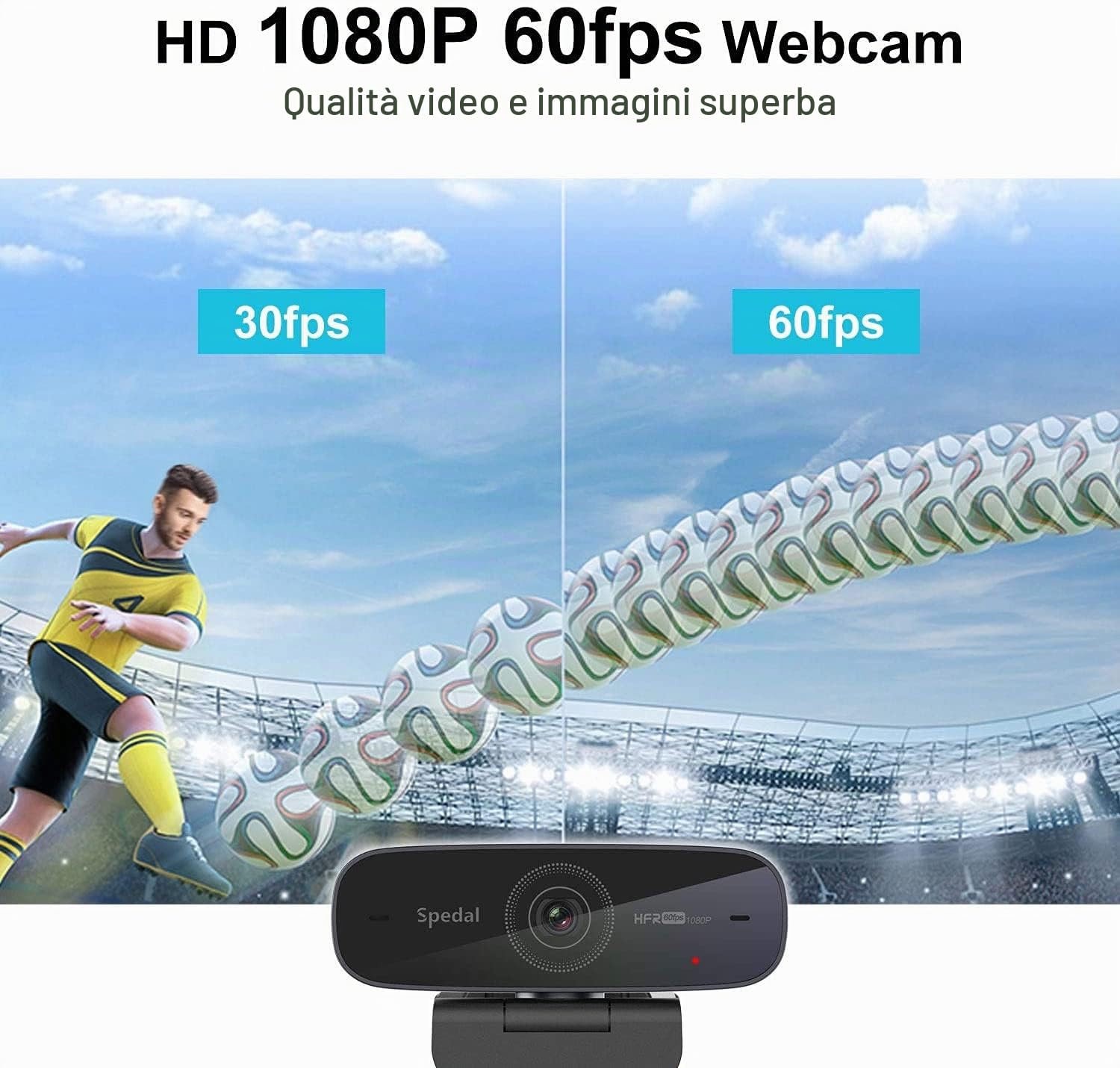 Spedal Webcam 1080p 60fps, 2 Microfoni, Autofocus Live Streaming Camera con Microfono, Webcam USB per OBS XSplit Facebook Skype Youtube, Compatibile per Mac OS Windows 10/8/7