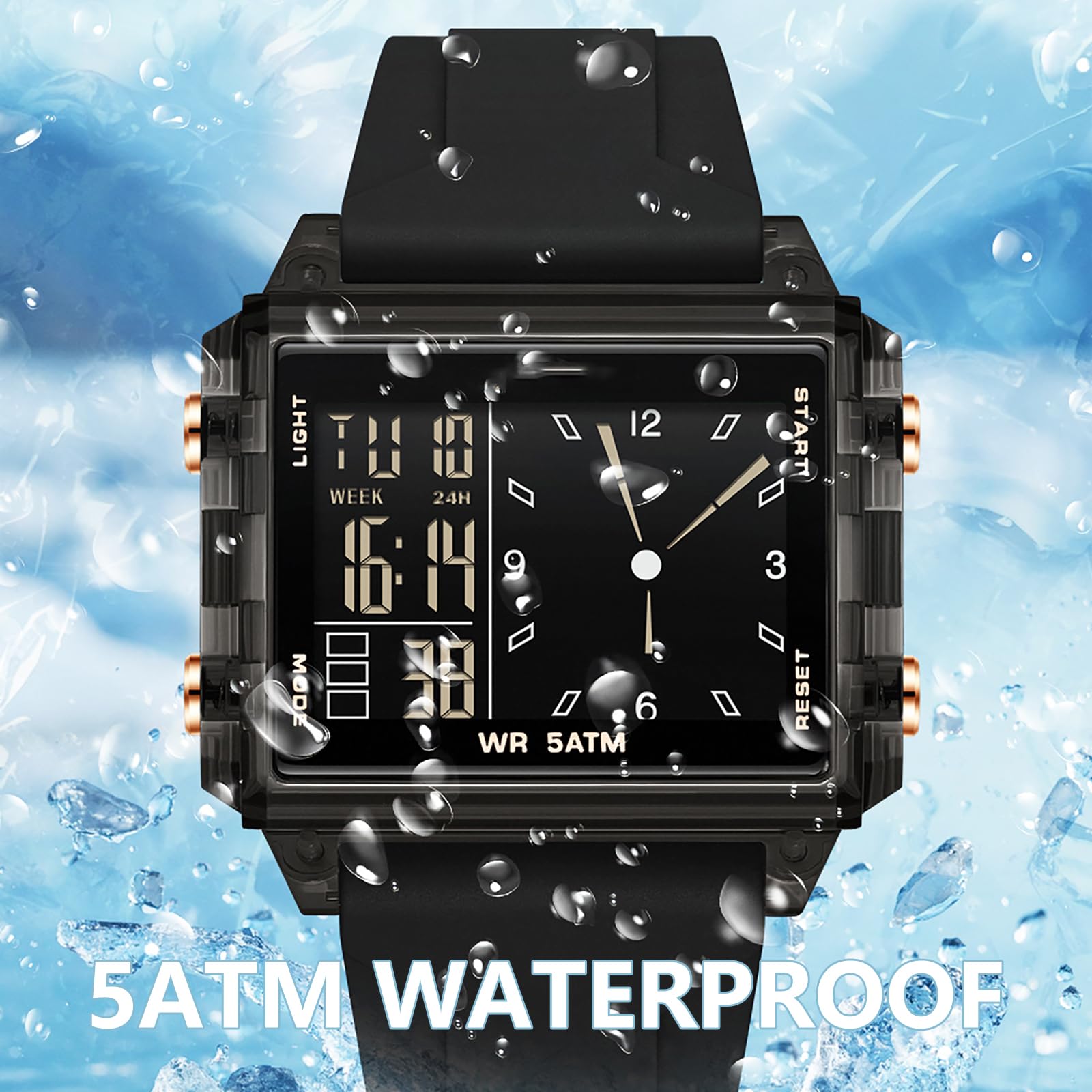 findtime Relojes digitales para hombres y mujeres, impermeable, único, rectangular, cronómetro, alarma de cuenta regresiva, correa de silicona analógica, funda transparente