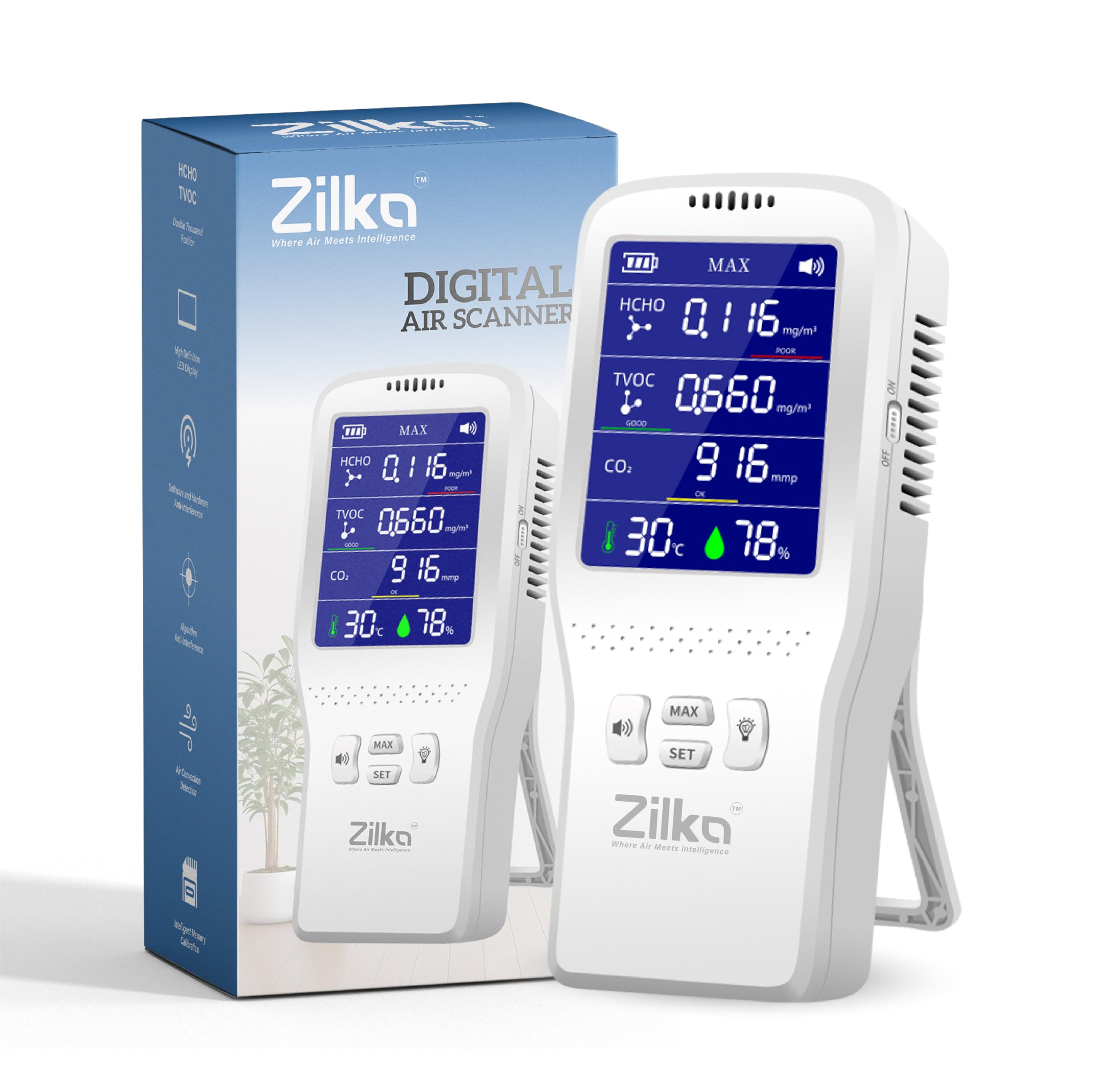 Zilka 11-in-1 Air Quality Monitor – AQI Pollution Meter with Blue LED Display, 2000mAh Rechargeable Battery, PM1/PM2.5/PM10, CO₂, CO, TVOC, ⁠Formaldehyde(HCHO), Temperature & Humidity (Hygrometer)-image-47